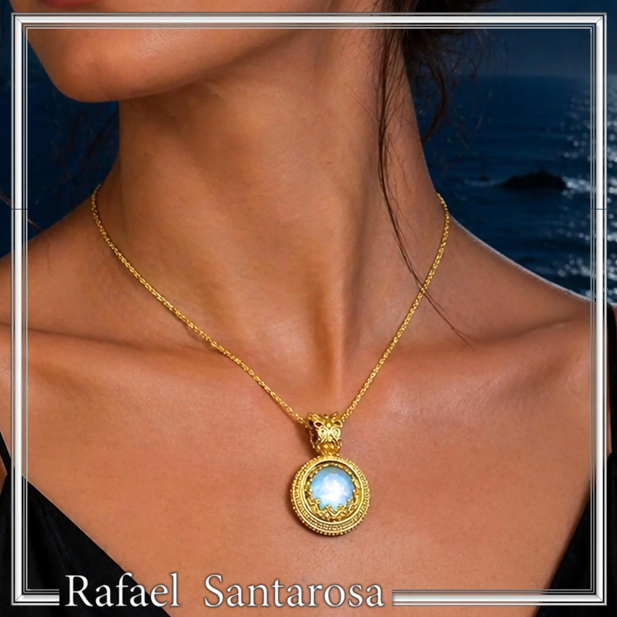 Natural Moonstone Necklace: Ancient Greek style Filigree 18K Gold-Filled Pendant — additional product image 5 from Rafael Santarosa Fine Jewelry
