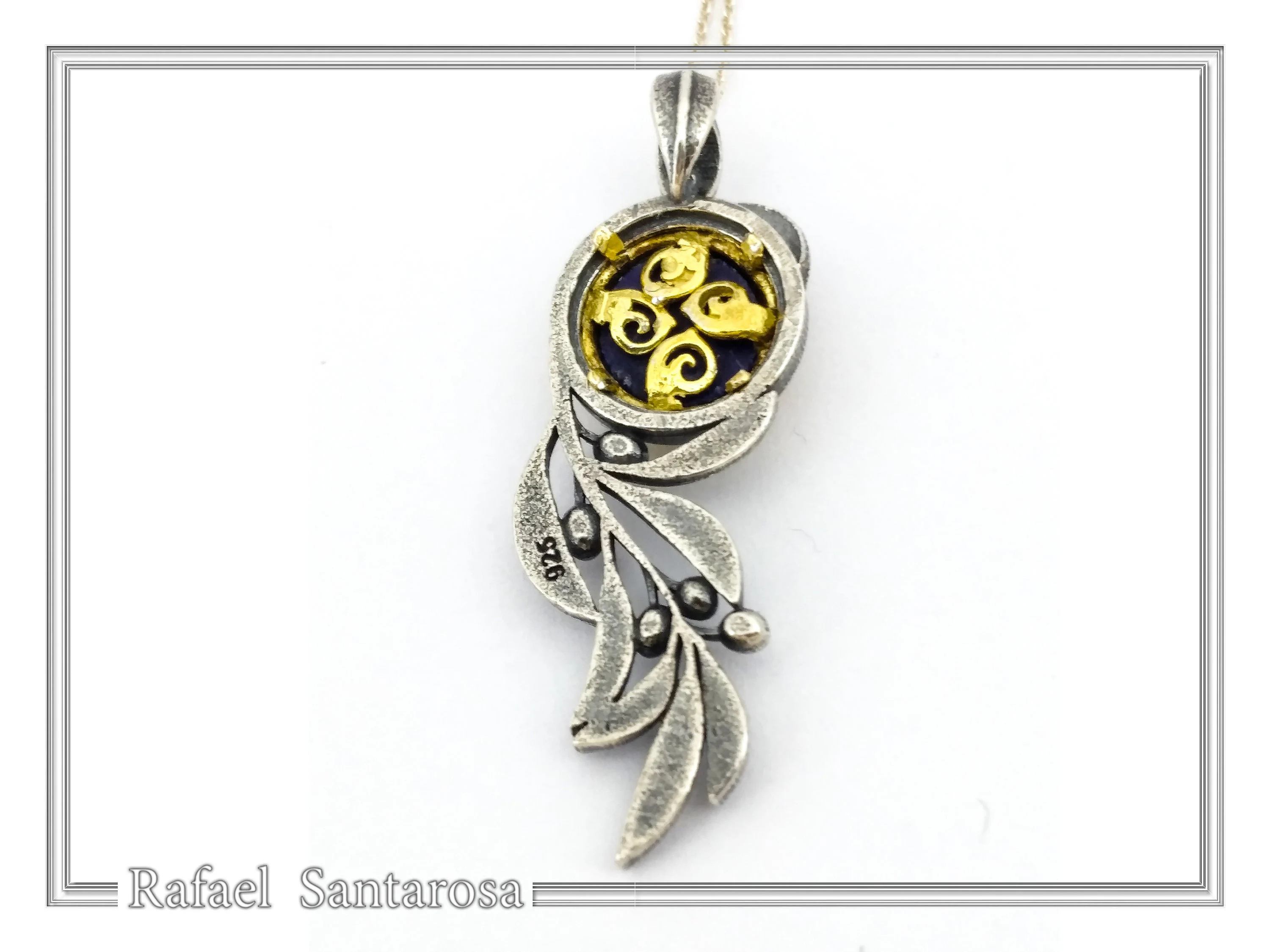 Natural Lapis Olive Leaf Pendant Floral Necklace: Oxidized Sterling Silver 18K Gold Filled Bezel — additional product image 8 from Rafael Santarosa Fine Jewelry