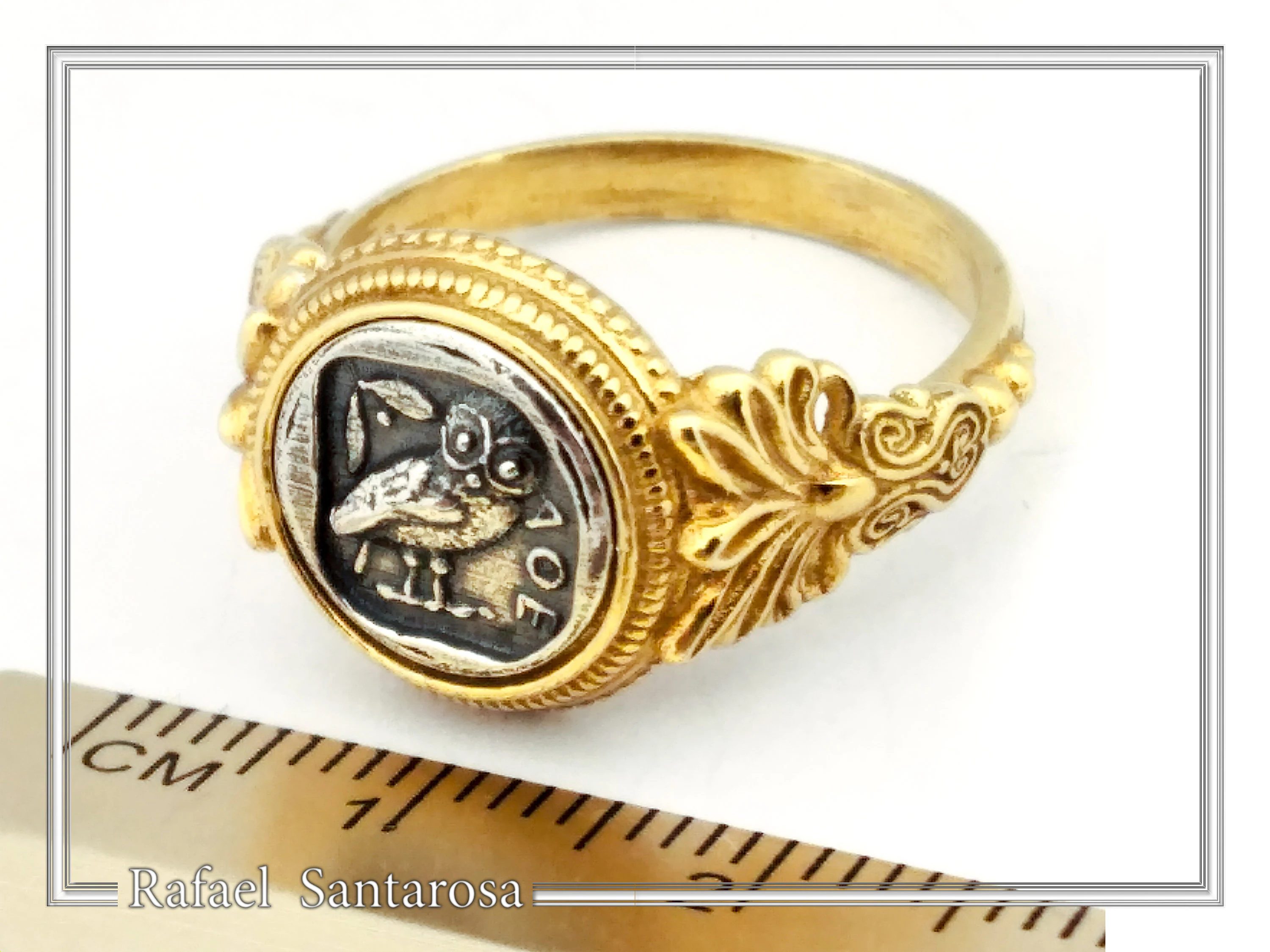 Tetradrachm Athena Owl Replica Greek Coin Ring, Antefix Filigree decoration: Sterling Silver oxidized & Gold-Filled — additional product image 6 from Rafael Santarosa Fine Jewelry