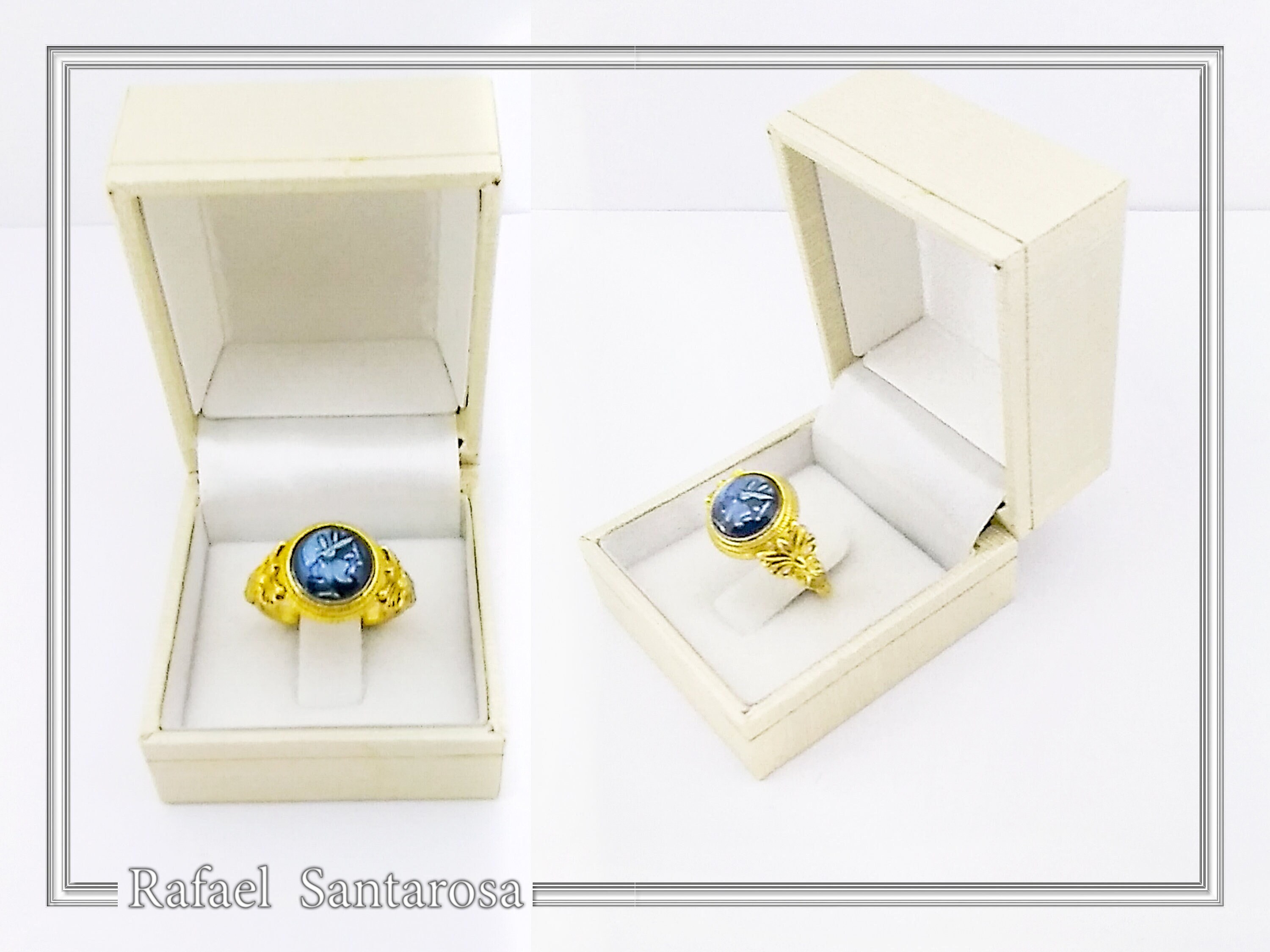 Athena Greek Goddess Head Coin Ring with Antefix Ornaments: Blue Enamel, 18K Gold-Filled Silver — additional product image 9 from Rafael Santarosa Fine Jewelry