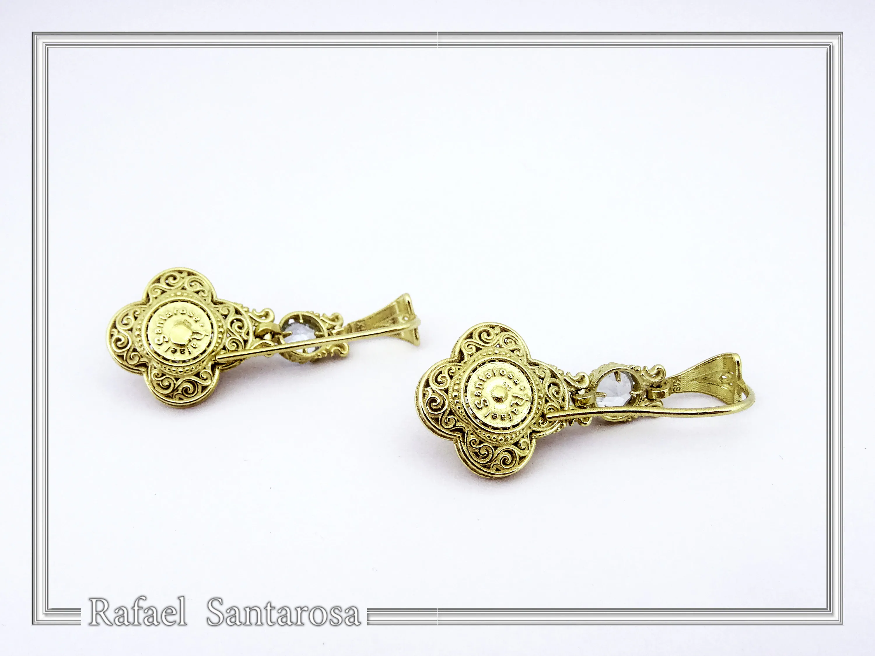 18K Solid Gold Filigree Byzantine Dangle Earrings with Natural Sky-Blue Topaz Brilliant Cut — additional product image 8 from Rafael Santarosa Fine Jewelry