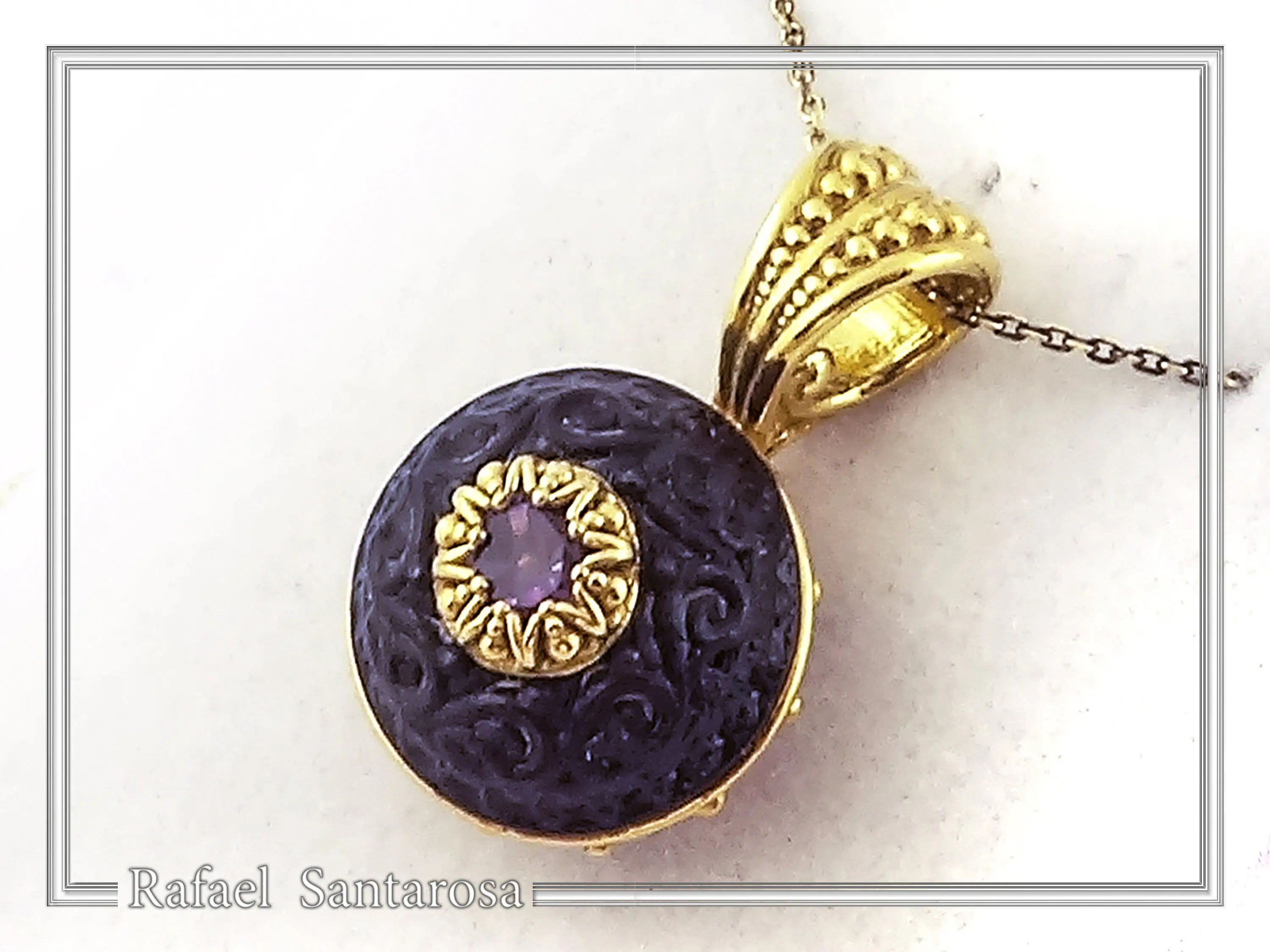 Art Deco Natural Amethyst Pendant: Oxidized and 18K Gold Filled Sterling Silver — additional product image 5 from Rafael Santarosa Fine Jewelry