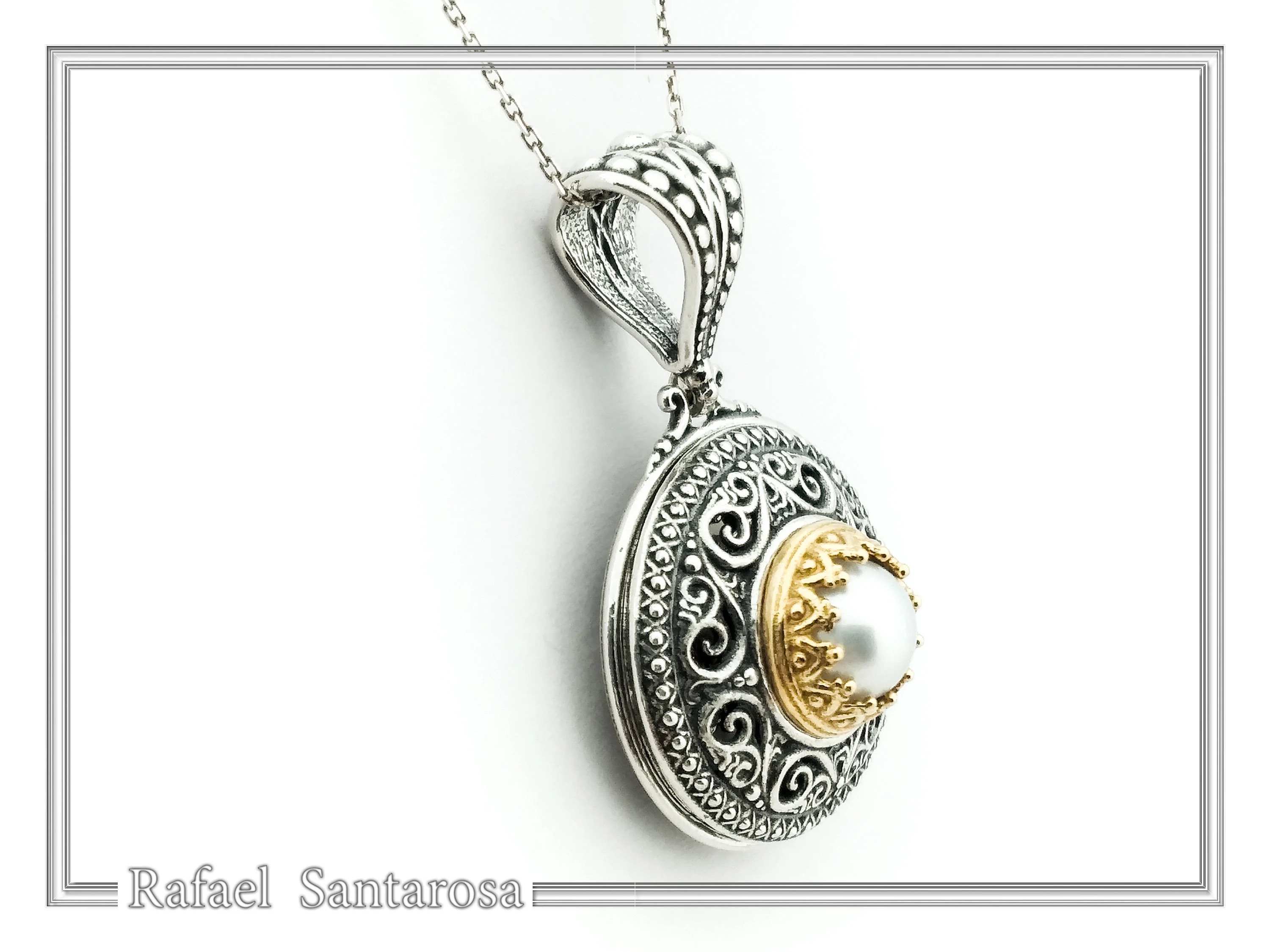 Byzantine natural Pearl Pendant: Oxidized Sterling Silver and Gold-Filled Filigree Necklace — additional product image 3 from Rafael Santarosa Fine Jewelry