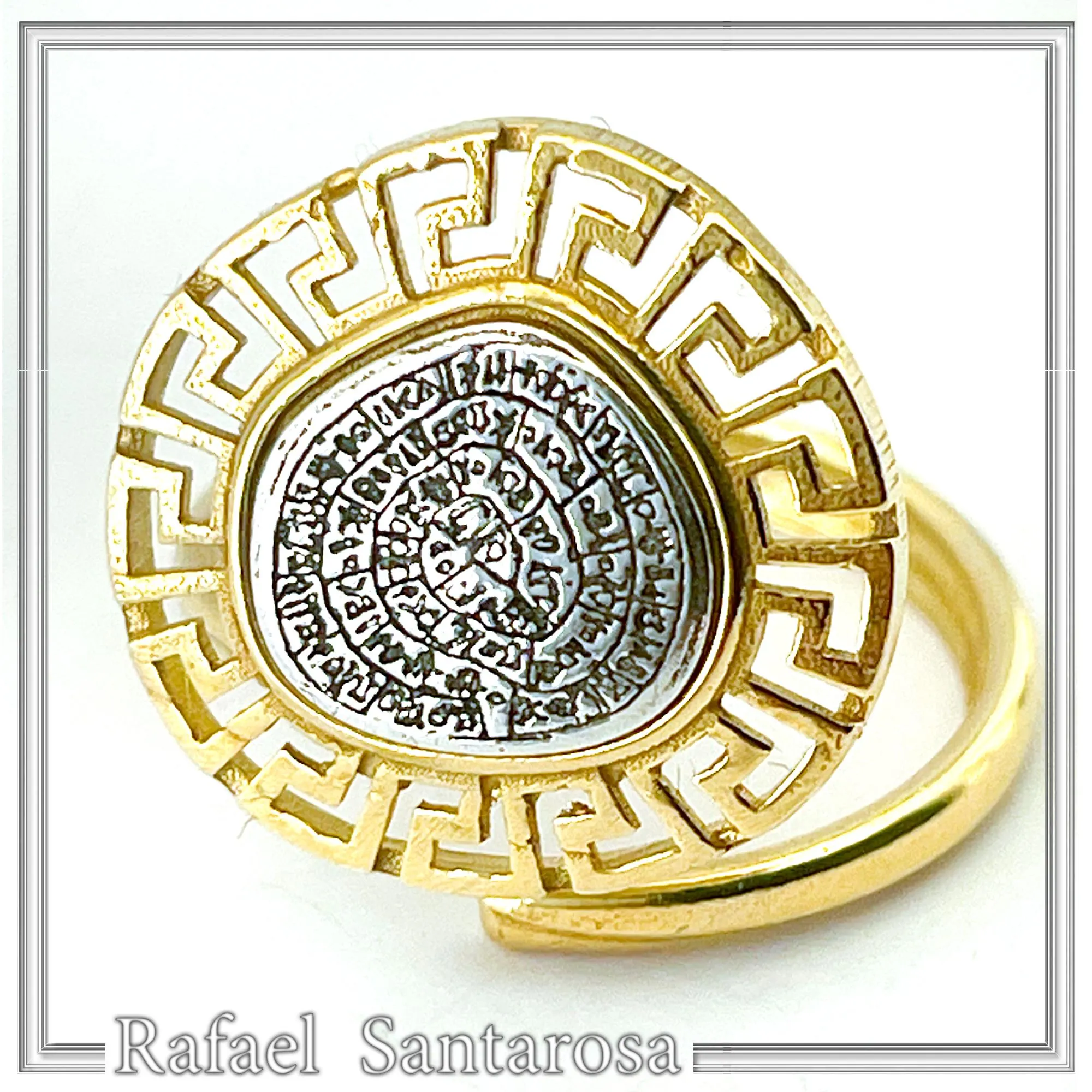 Greek Calendar Phaistos Disc on Greek Key Ring: Oxidized Sterling Silver, 18K Gold Filled