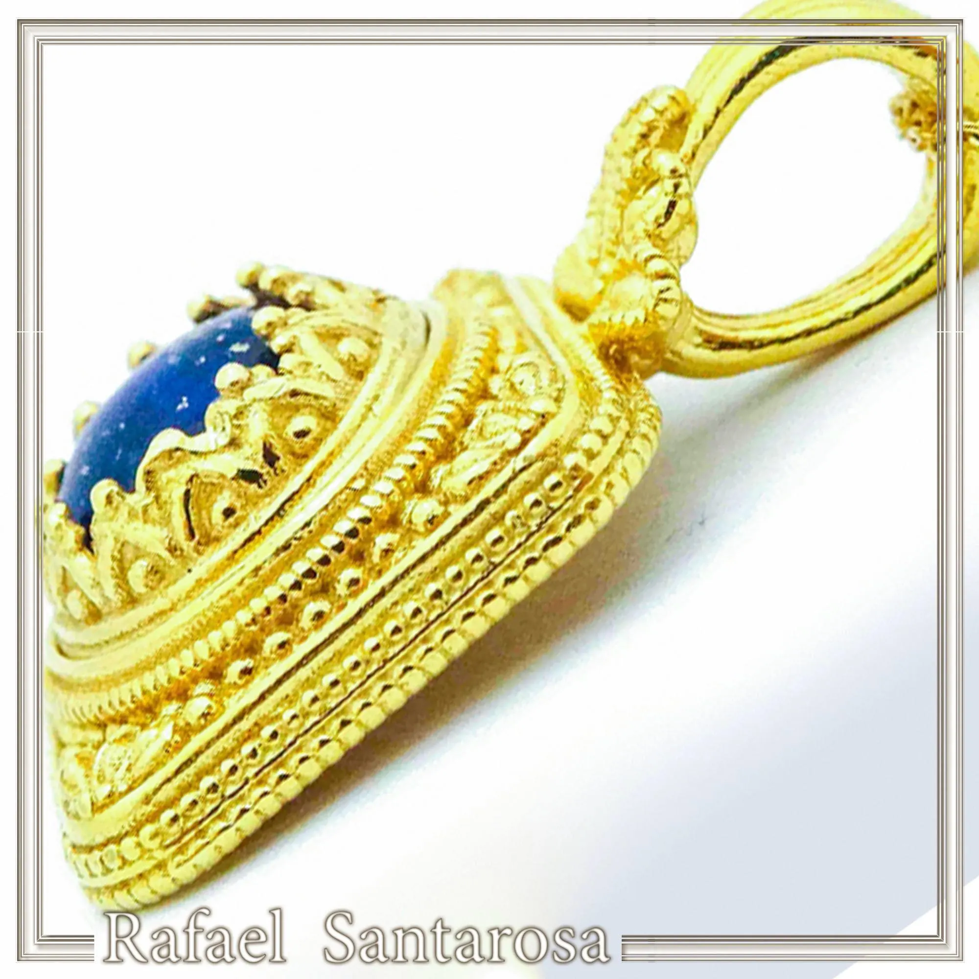Solid Gold 18k Natural Lapis Lazuli Pendant: Byzantine Style Filigree and Granulation Handmade Jewelry — additional product image 2 from Rafael Santarosa Fine Jewelry