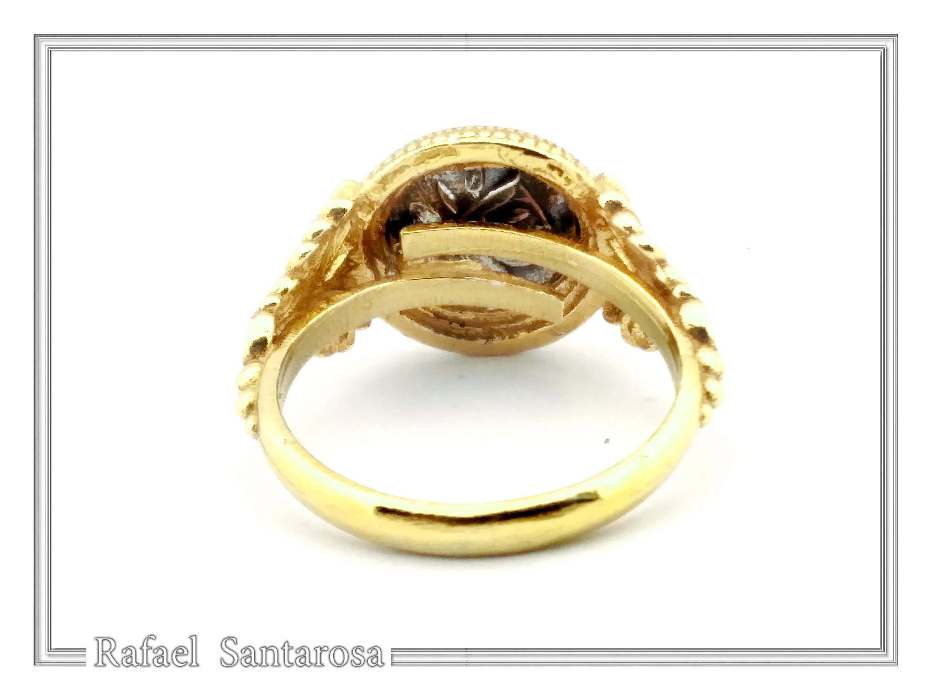 Tetradrachm Athena Owl Replica Greek Coin Ring, Antefix Filigree decoration: Sterling Silver oxidized & Gold-Filled — additional product image 7 from Rafael Santarosa Fine Jewelry