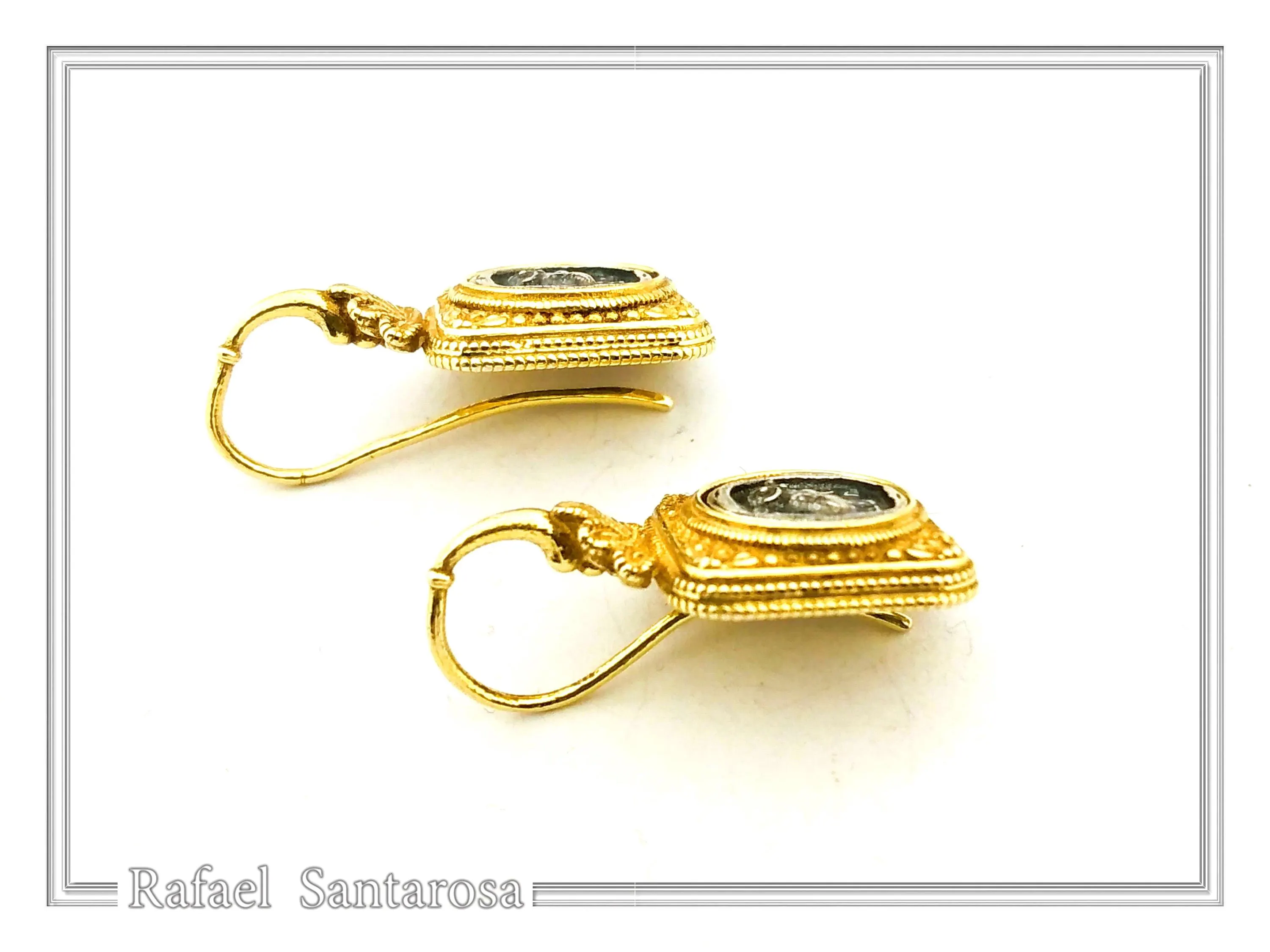 Athena Owl Coin Greek Museum Earrings: 18K Gold Filled Filigree and Oxidised Sterling Silver — additional product image 7 from Rafael Santarosa Fine Jewelry