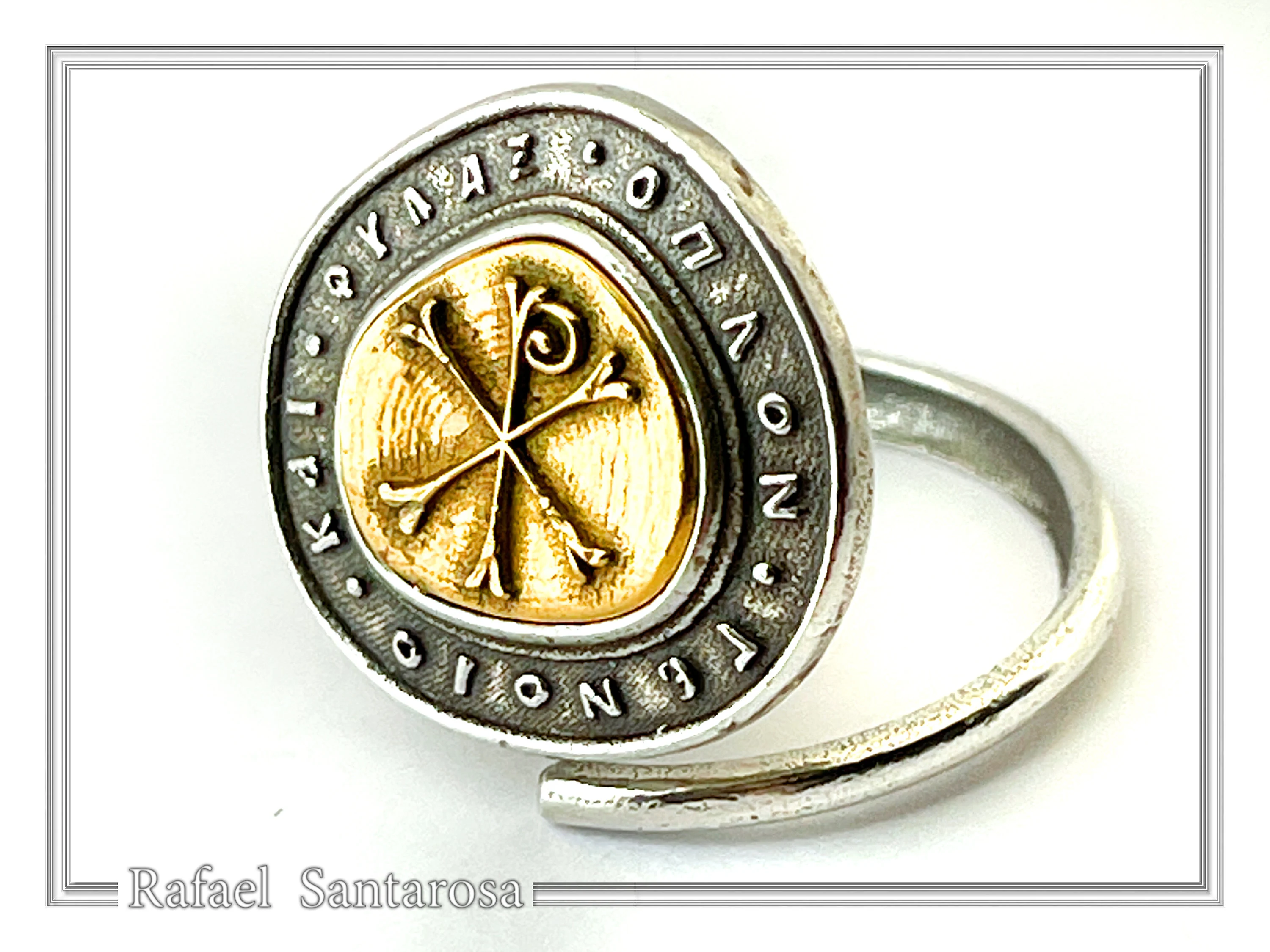 18K Gold Chi Rho Christogram on Oxidized Sterling Silver Adjustable Ring, Byzantine Prayer Talisman — additional product image 3 from Rafael Santarosa Fine Jewelry
