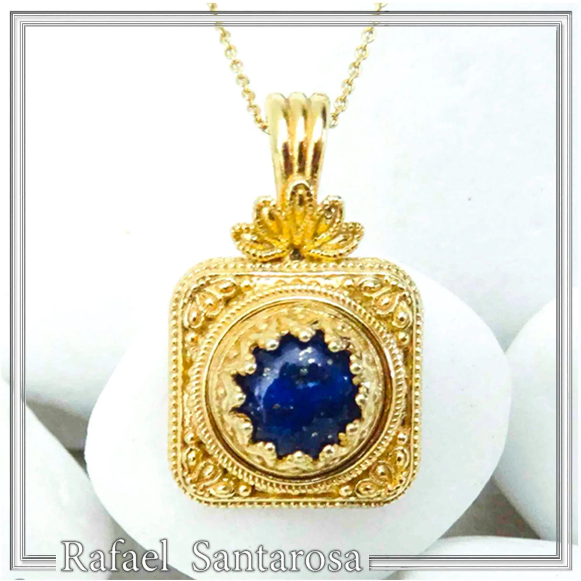 Solid Gold 18k Natural Lapis Lazuli Pendant: Byzantine Style Filigree and Granulation Handmade Jewelry — additional product image 3 from Rafael Santarosa Fine Jewelry