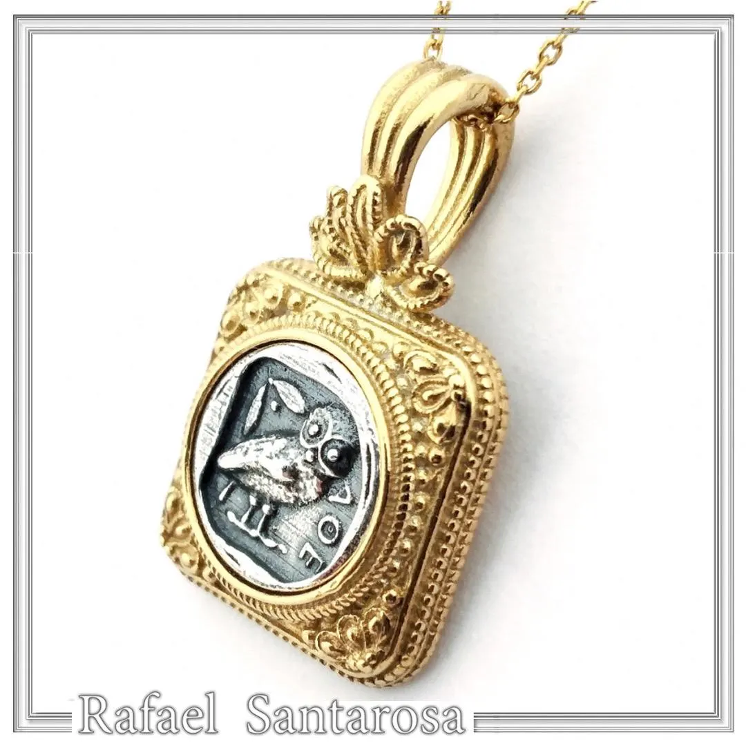 Athena Owl Tetradrachm Coin Ancient Greek Style Necklace: Oxidized Sterling Silver & 18K Gold filled