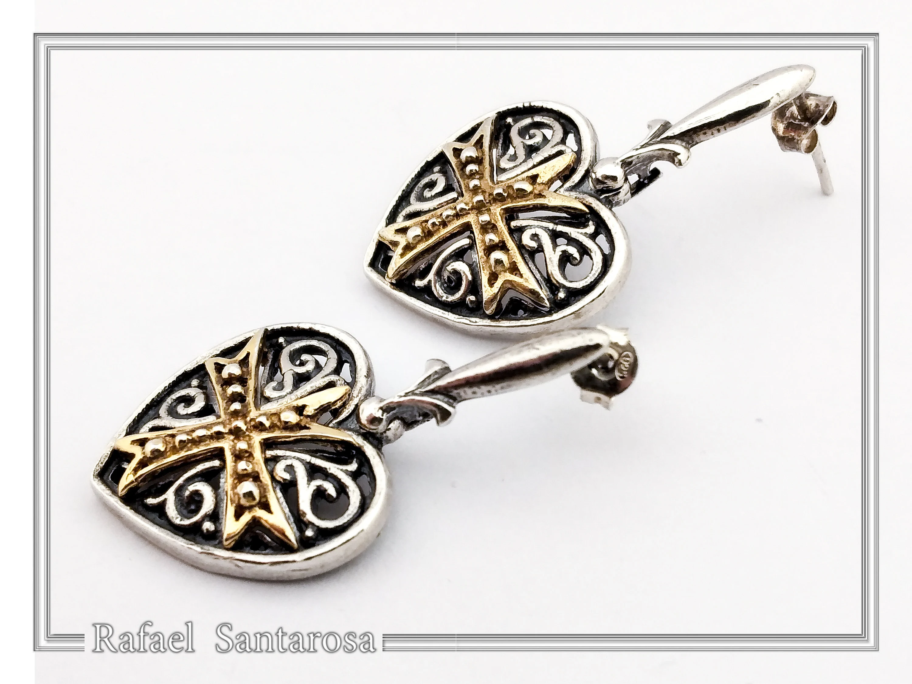 Maltese Knights Cross Holy Heart Earrings: Oxidized Sterling Silver and Gold-Filled — additional product image 6 from Rafael Santarosa Fine Jewelry