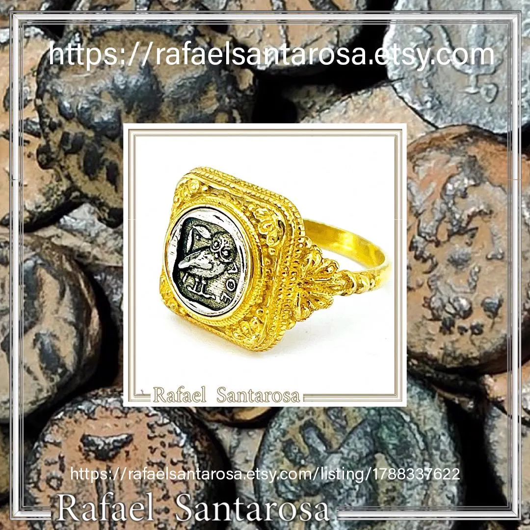 Tetradrachm Owl Coin Filigree Ring: Oxidized Silver Coin on 18K Gold Filled, Museum Replicas — additional product image 10 from Rafael Santarosa Fine Jewelry