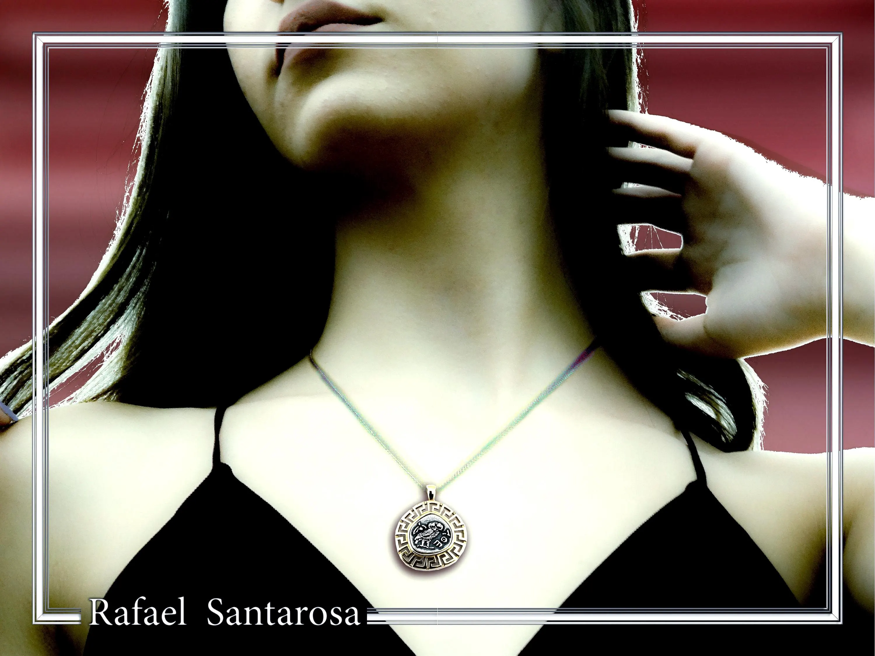 Athena Owl Coin Greek Key Pendant, Museum Jewelry: Oxidized & 18K Gold Filled Sterling Silver — additional product image 3 from Rafael Santarosa Fine Jewelry