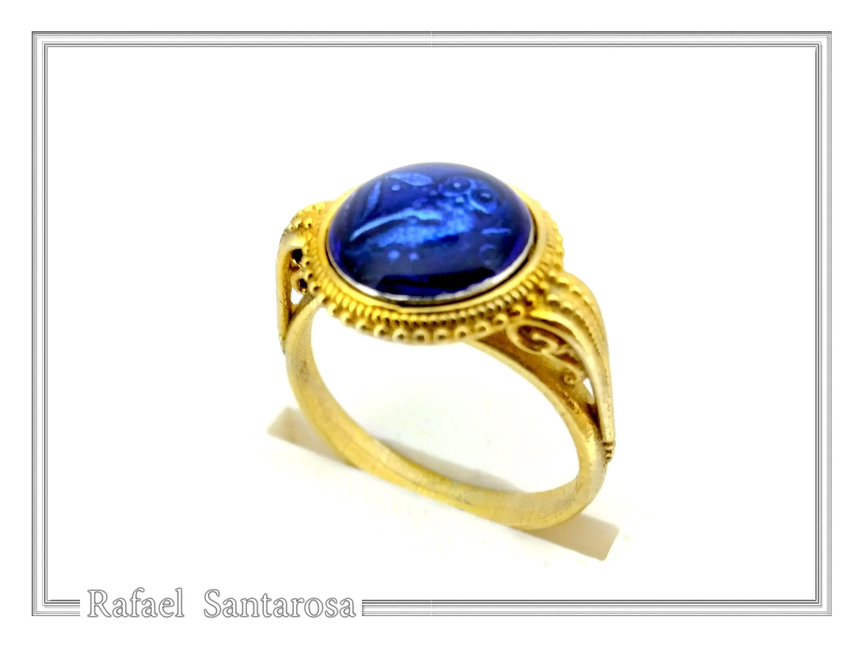 Athena Owl Coin Tetradrachm Ring: Blue Transparent Enamel on 18K Gold-Filled Filigree Sterling Silver — additional product image 4 from Rafael Santarosa Fine Jewelry