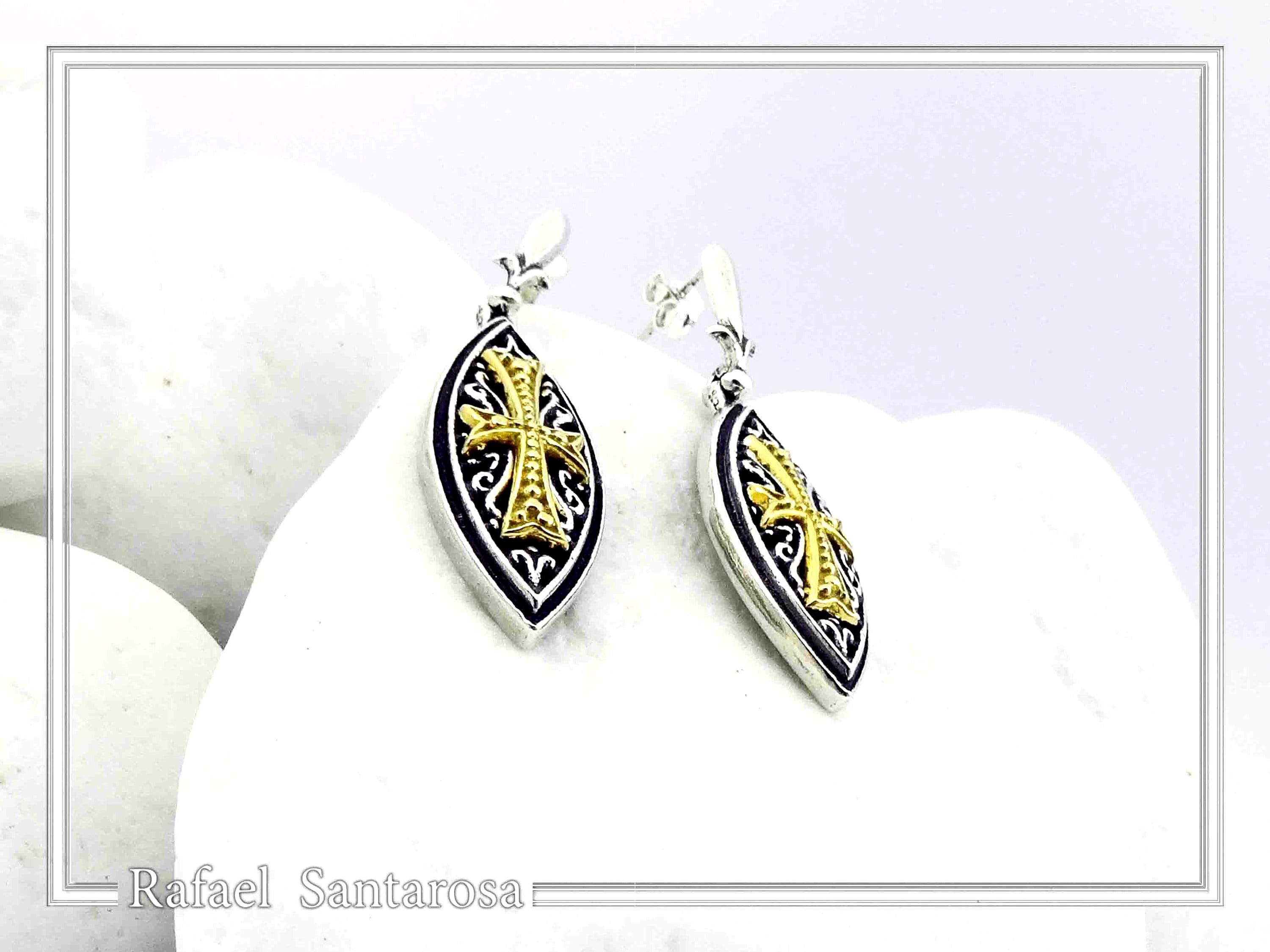 Maltese Cross Drop Earrings. Medieval Jewelry: Oxidized and 18K Gold-Filled Sterling Silver — additional product image 3 from Rafael Santarosa Fine Jewelry