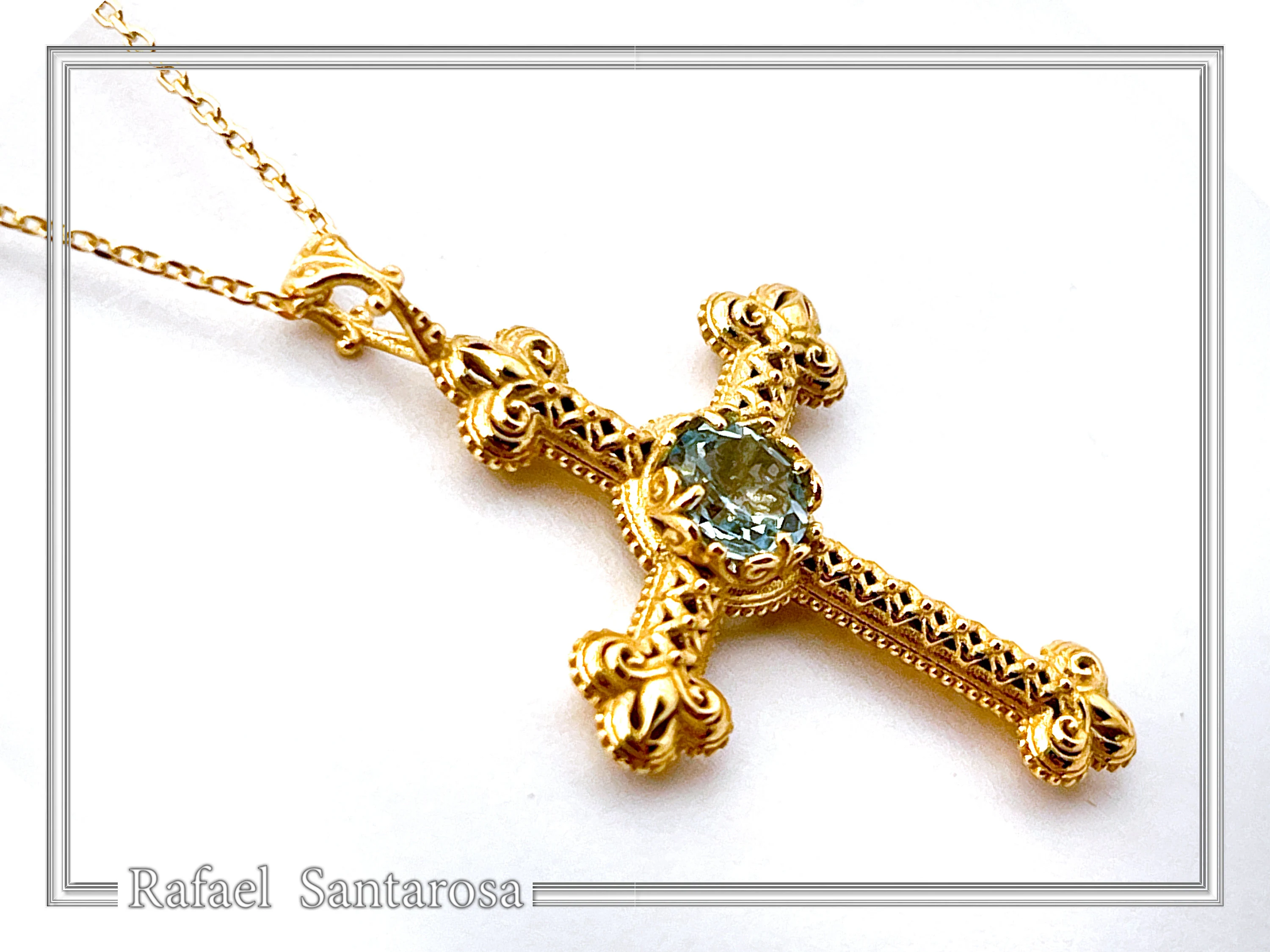 18K Solid Gold Natural Brilliant Cut Sky Blue Topaz Byzantine Filigree Cross Pendant — additional product image 5 from Rafael Santarosa Fine Jewelry