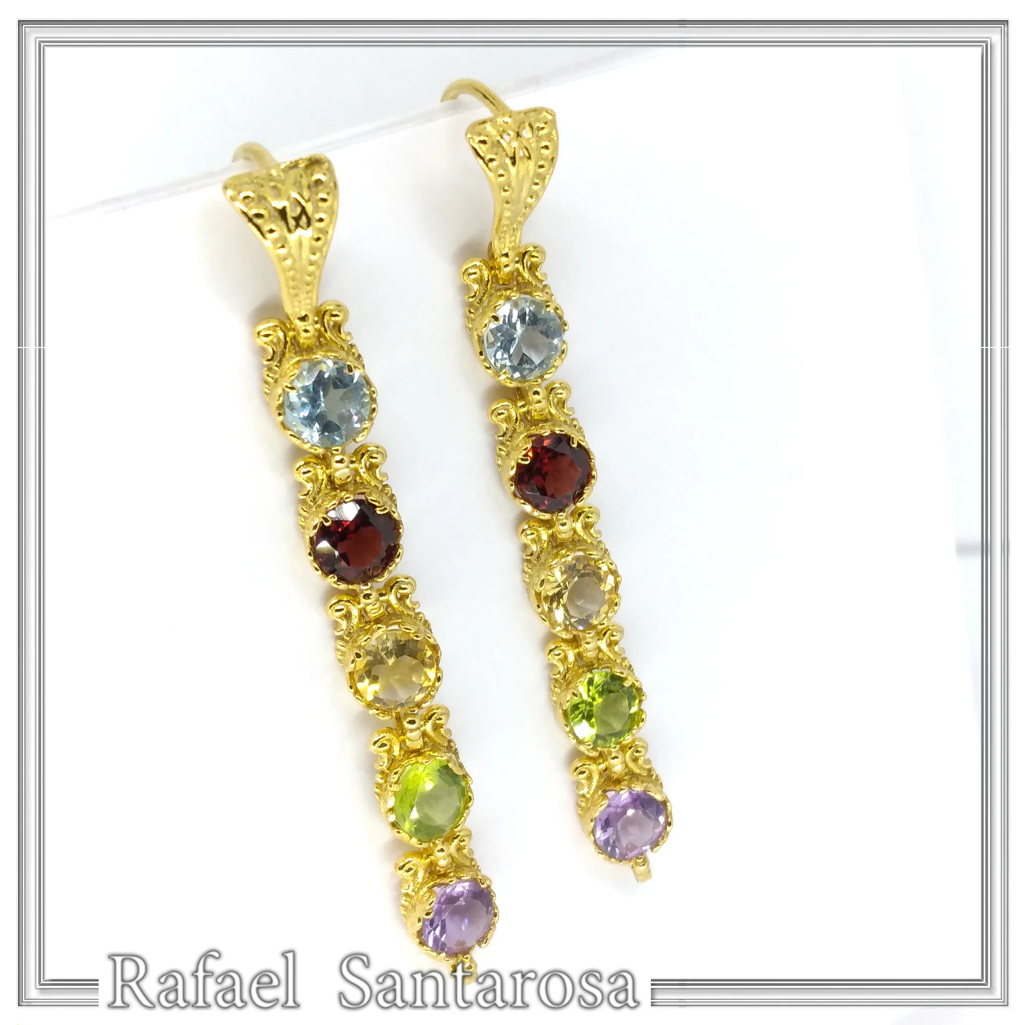 18k Gold Byzantine Filigree Multi Gemstone Dangle Beaded Earrings: Multi Coloured Natural Gems — additional product image 3 from Rafael Santarosa Fine Jewelry