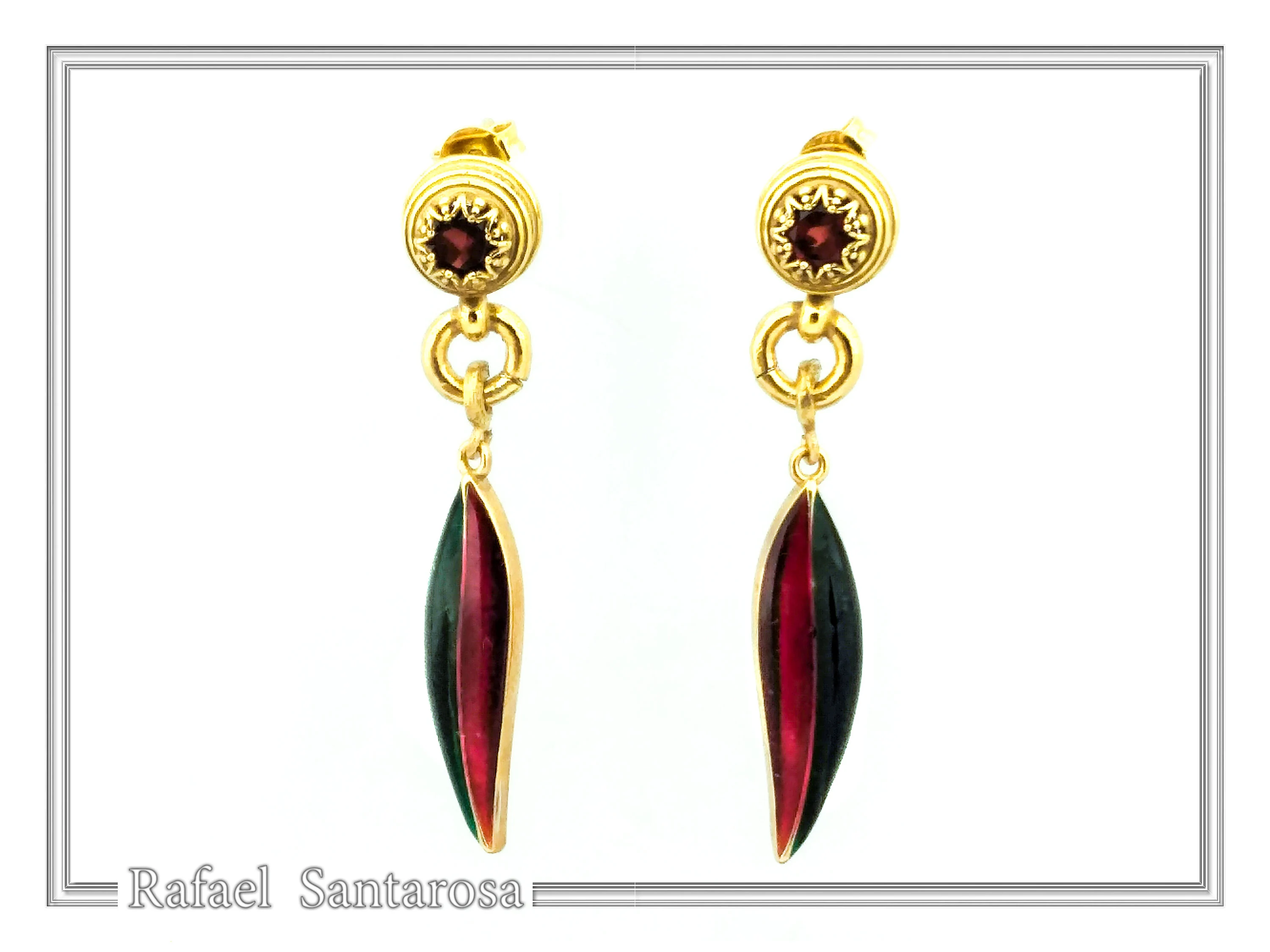Olive Leaf Floral Dangle & Drop Earrings: Transparent Enamel, Natural Garnet, 18K Gold Filled Silver — additional product image 2 from Rafael Santarosa Fine Jewelry