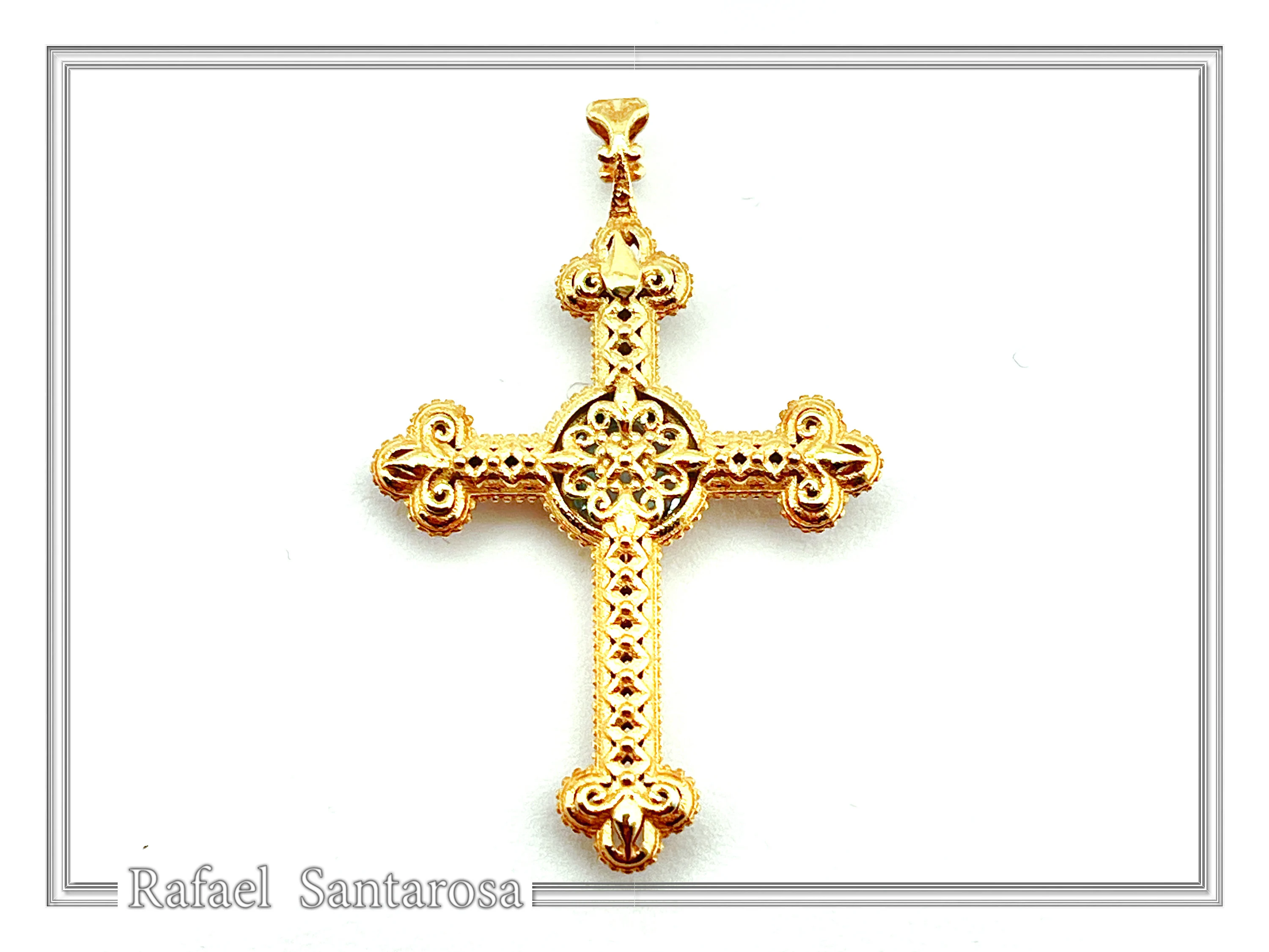 18K Solid Gold Natural Brilliant Cut Sky Blue Topaz Byzantine Filigree Cross Pendant — additional product image 8 from Rafael Santarosa Fine Jewelry