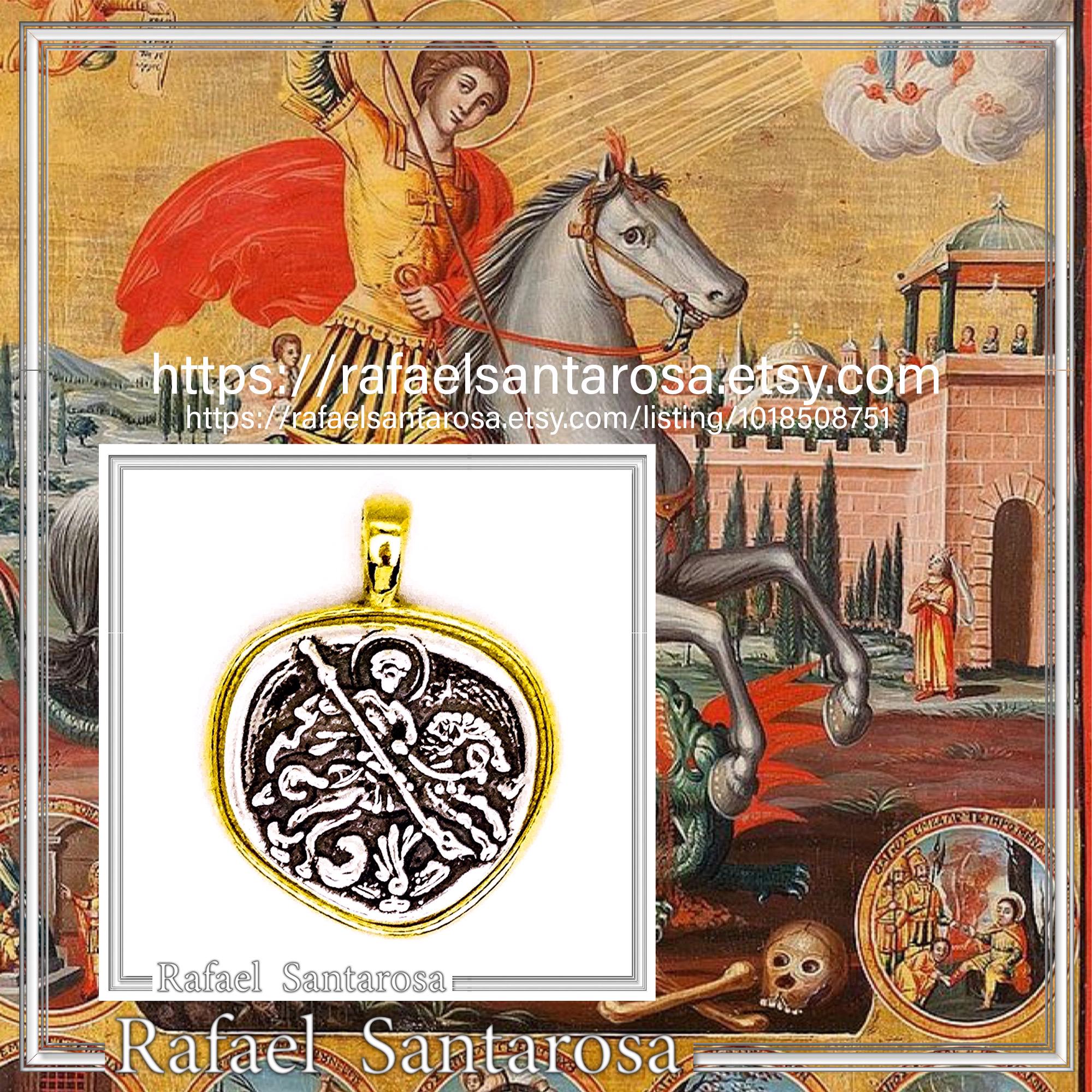 St George Killing Dragon Necklace Byzantine Talisman: Sterling Silver Oxidised & 18K Gold-Filled — additional product image 10 from Rafael Santarosa Fine Jewelry