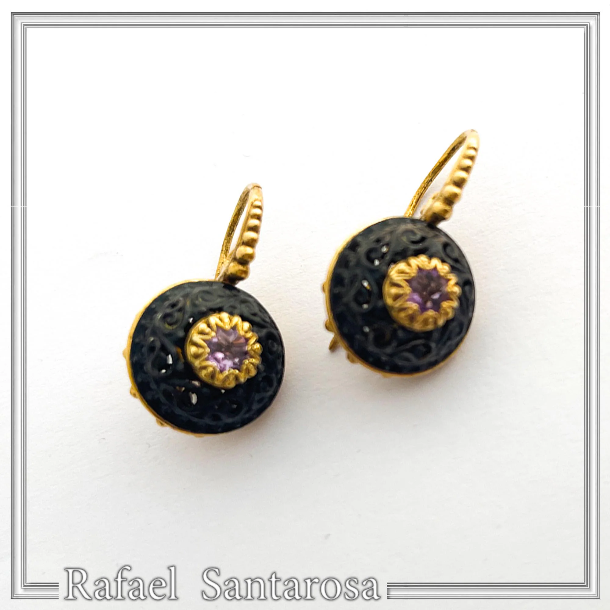 Byzantine Filigree Natural Gemstones Silver Earrings: Oxidised black and Gold-Filled silver — additional product image 3 from Rafael Santarosa Fine Jewelry