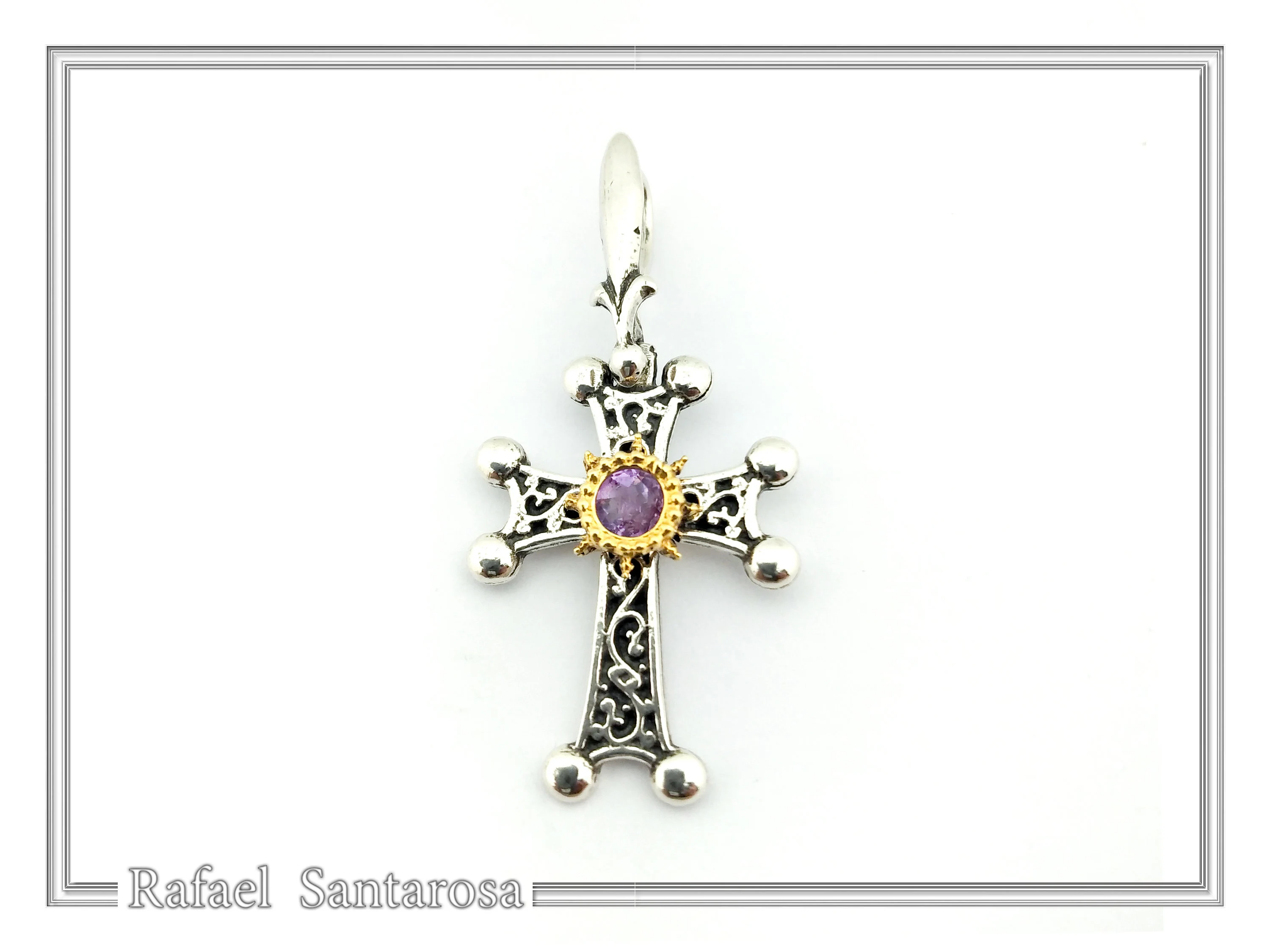 Byzantine Silver Hand engraved Cross with Genuine Amethyst: Oxidized silver, 18K gold Filled Bezel — additional product image 2 from Rafael Santarosa Fine Jewelry