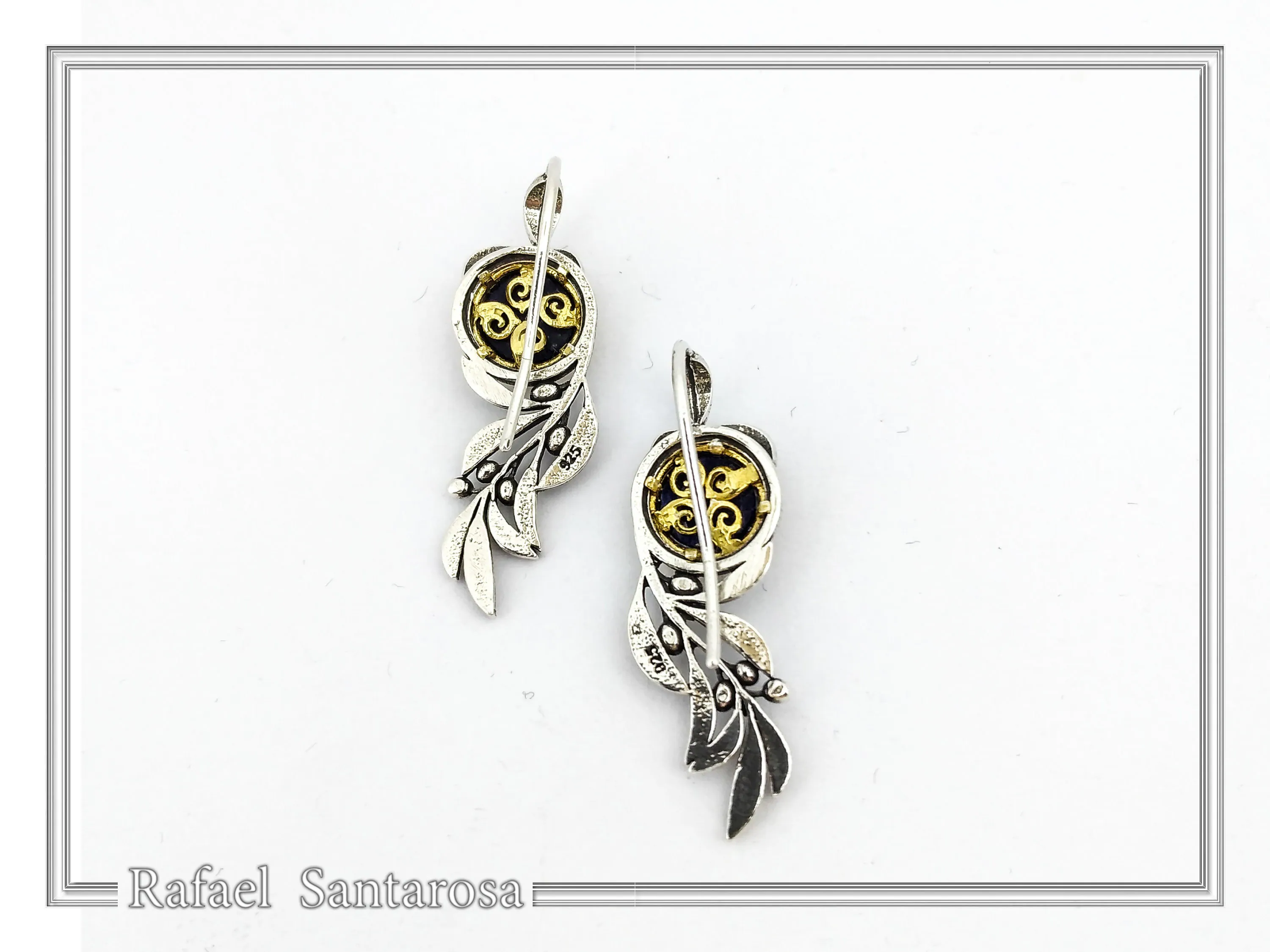 Natural Lapis Lazuli Olive Branch Earrings: Oxidized Sterling Silver, 18K Gold Filled Filigree Bezel — additional product image 8 from Rafael Santarosa Fine Jewelry