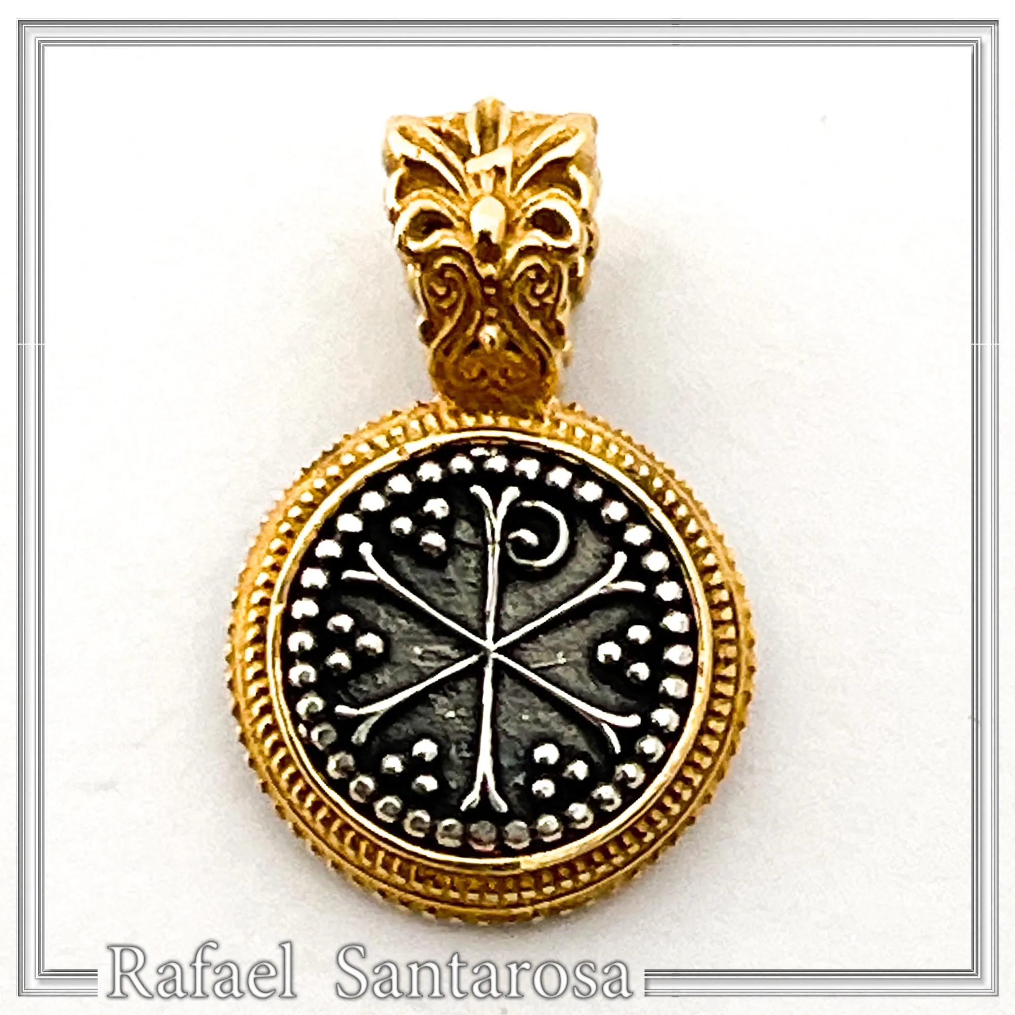 Chi Rho Christogram Jesus Symbol Necklace: Oxidized & Gold Filled Filigree Sterling Silver — additional product image 5 from Rafael Santarosa Fine Jewelry