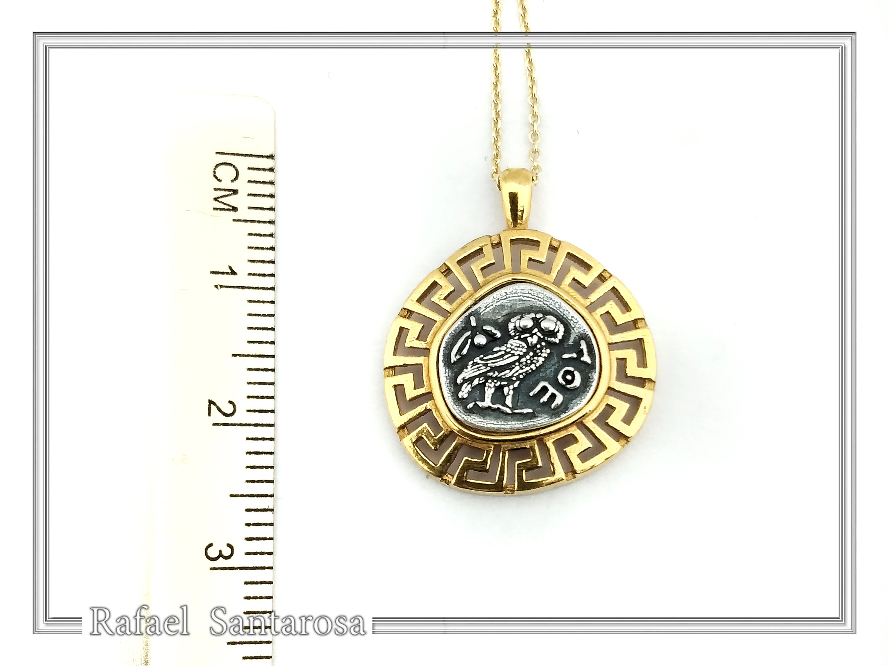 Athena Owl Coin Greek Key Pendant, Museum Jewelry: Oxidized & 18K Gold Filled Sterling Silver — additional product image 8 from Rafael Santarosa Fine Jewelry