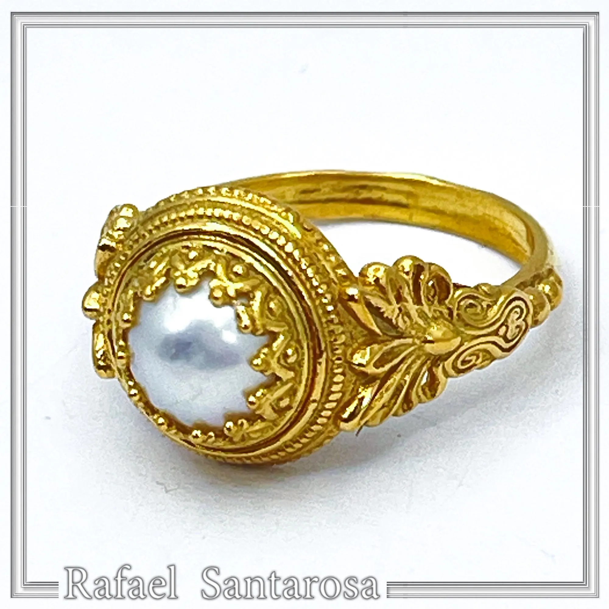 Sterling Silver Gold Filled Freshwater Pearl Ring Ancient Greek Antefix Filigree Design Handmade — additional product image 6 from Rafael Santarosa Fine Jewelry