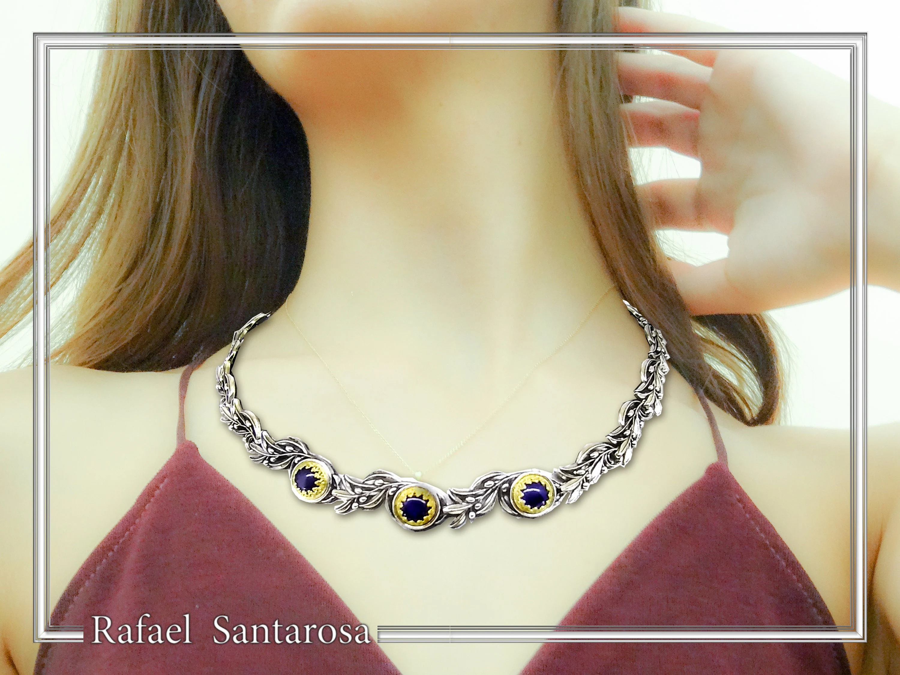 Genuine Lapis Lazuli Olive Branch beaded Nature Symbol Necklace, Floral Sterling Silver Jewelry — additional product image 4 from Rafael Santarosa Fine Jewelry
