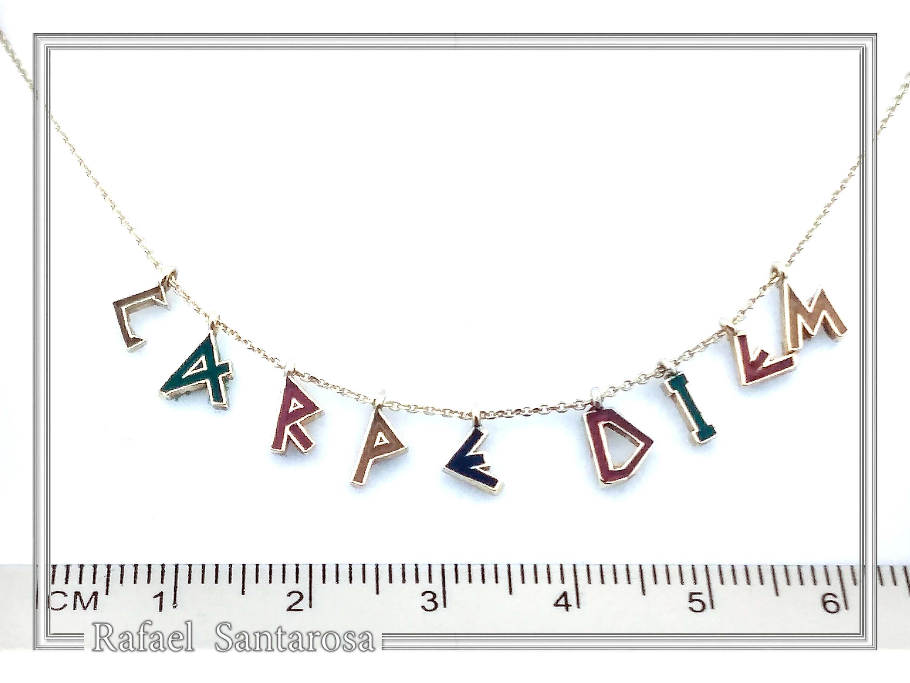 Personalized Carpe Diem Necklace: Gold Filled Silver Beaded Charm, Enamel Latin Font — additional product image 8 from Rafael Santarosa Fine Jewelry