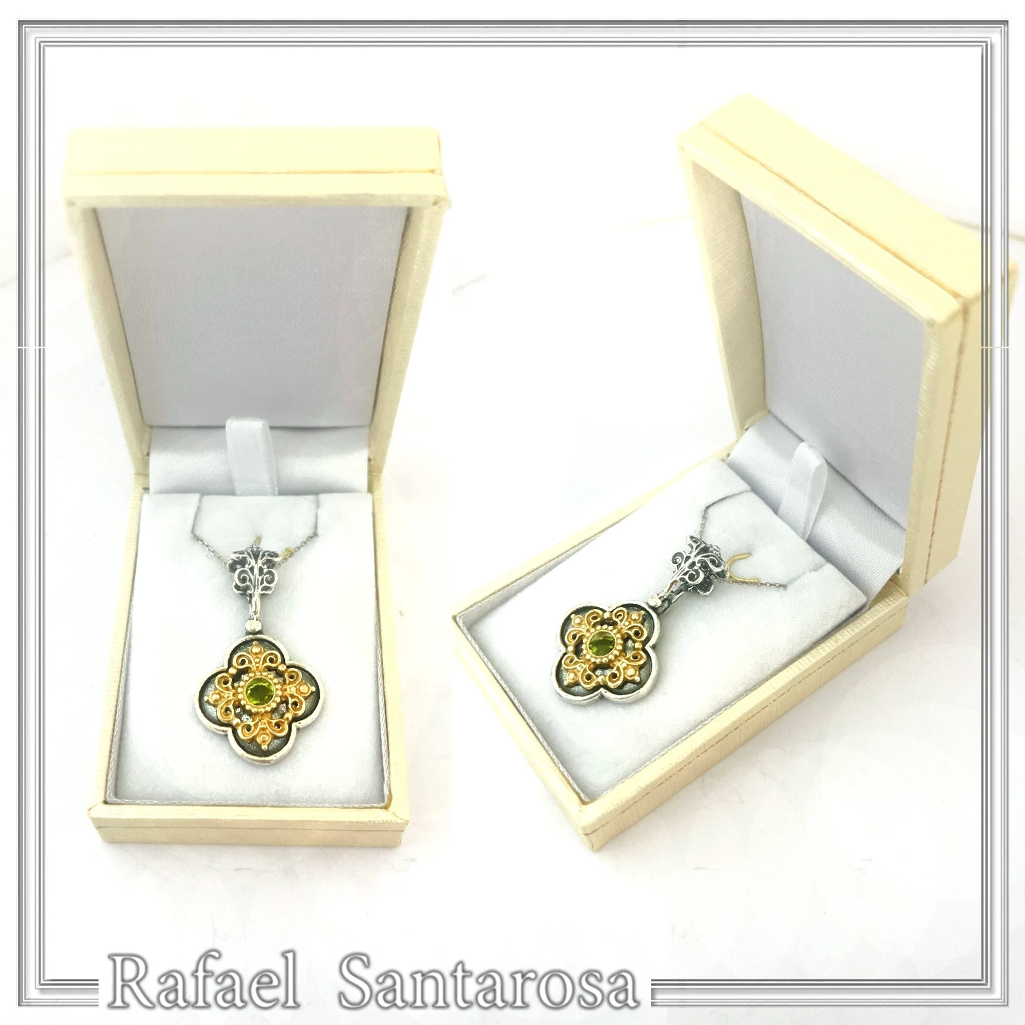 Byzantine Filigree Natural Green Peridot Necklace: Handmade Sterling Silver Oxidized and 18K Gold Filled — additional product image 10 from Rafael Santarosa Fine Jewelry