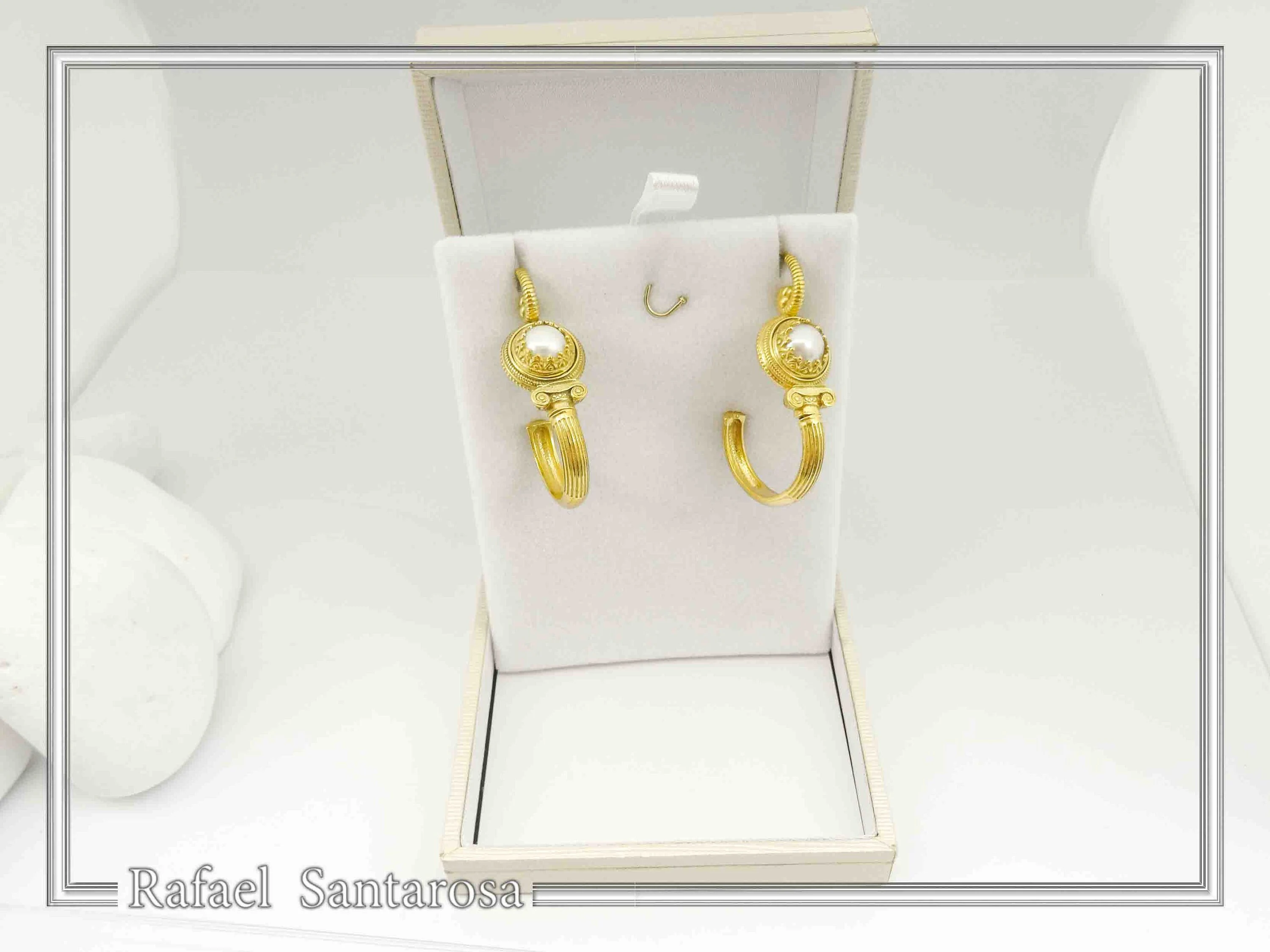 Ancient Greek Ionian Temple Column Natural Pearl Hoop Earrings Gold Filled Silver: Museum Jewelry — additional product image 9 from Rafael Santarosa Fine Jewelry