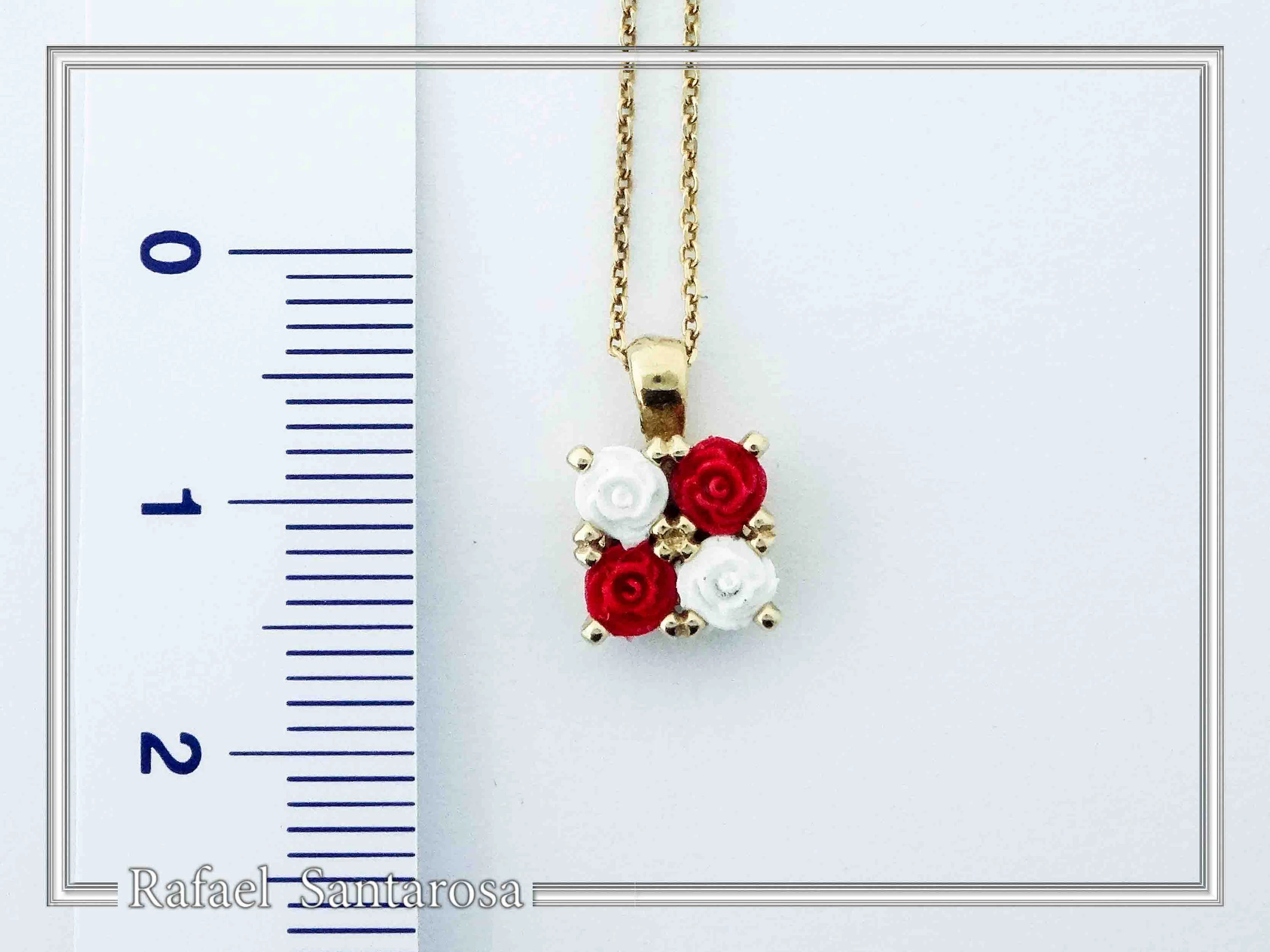 Alabaster Rose Flowers Gems Bouquet Square Necklace: Red &White Roses, Silver 18K Gold Filled. — additional product image 7 from Rafael Santarosa Fine Jewelry