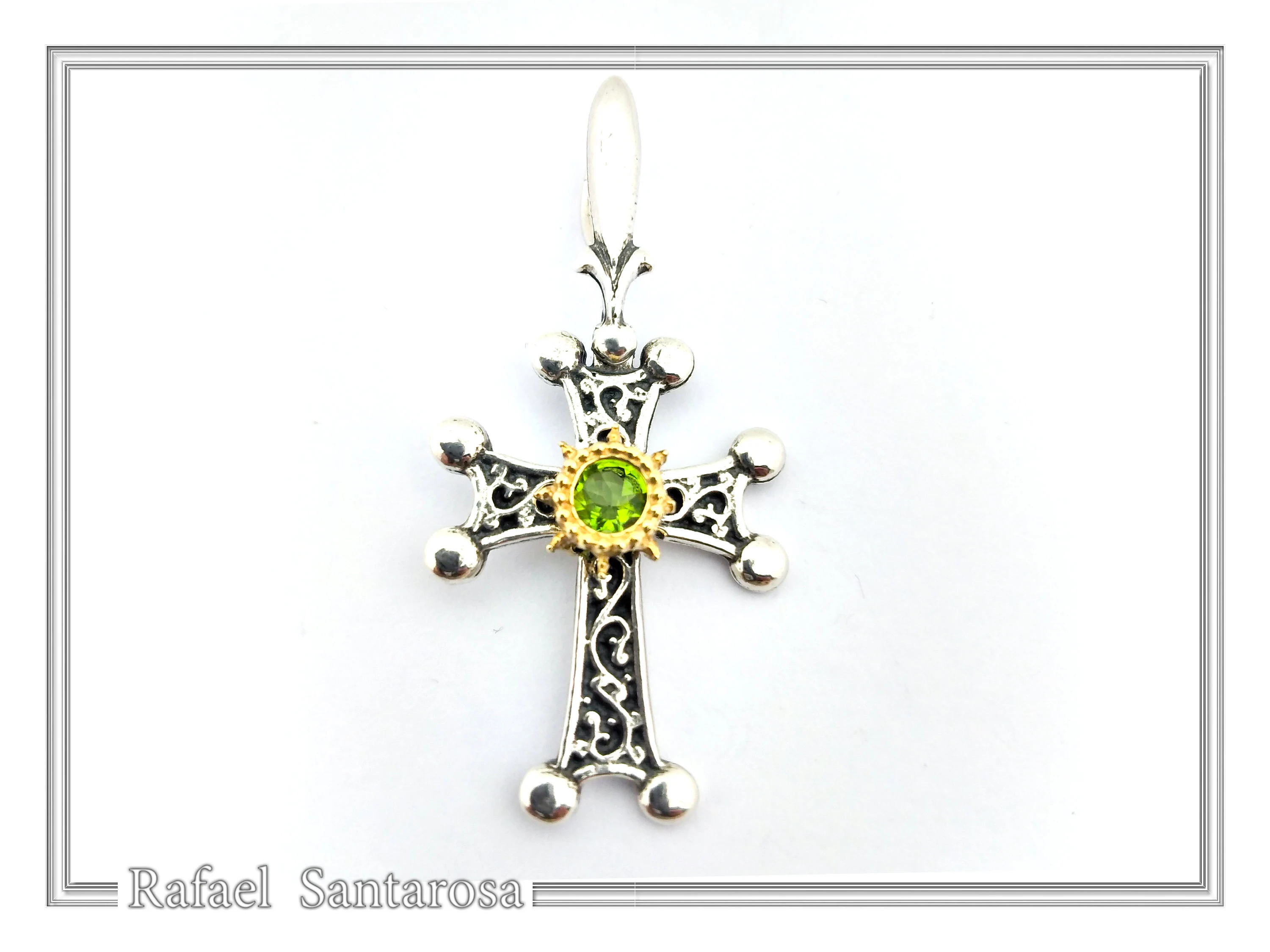 Byzantine Silver Hand engraved Cross with Genuine Amethyst: Oxidized silver, 18K gold Filled Bezel — additional product image 4 from Rafael Santarosa Fine Jewelry