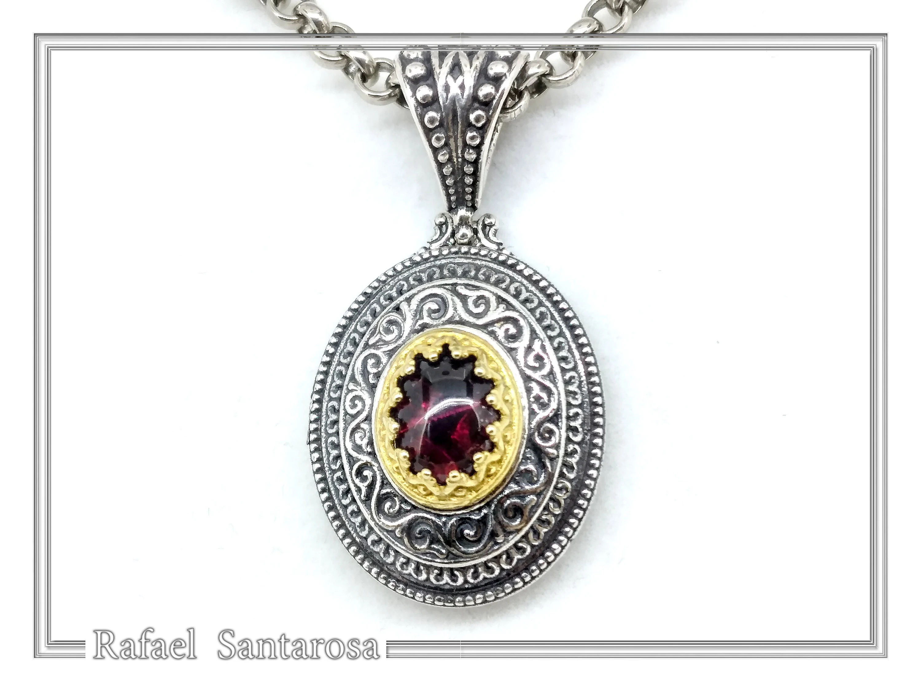 Natural Red Garnet Byzantine Filigree Pendant: Oxidized and 18k Gold Filled Sterling Silver — additional product image 3 from Rafael Santarosa Fine Jewelry