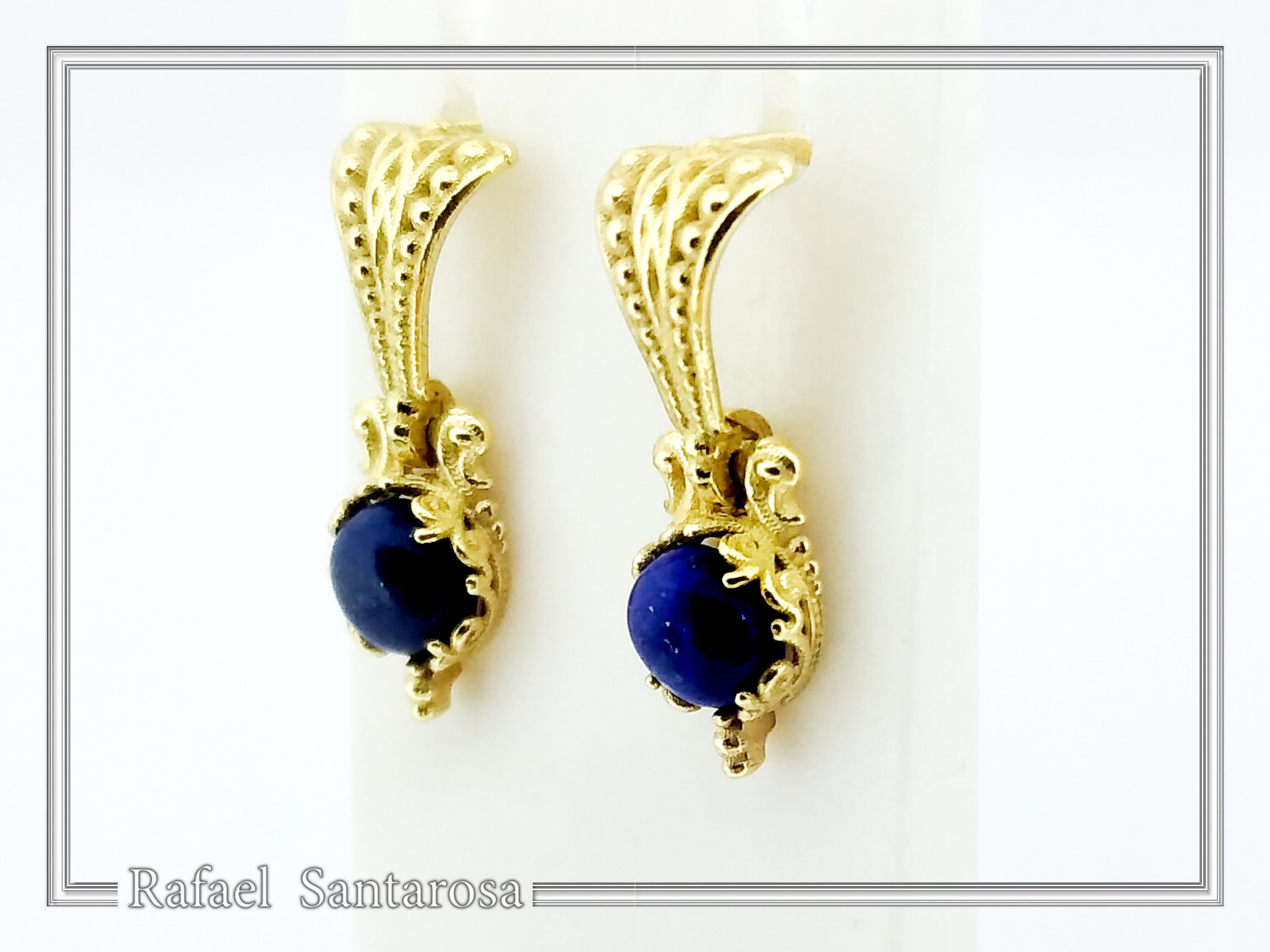 Byzantine Filigree Genuine Lapis Lazuli Delicate Earrings: Sterling Silver 18K Gold-Filled — additional product image 7 from Rafael Santarosa Fine Jewelry