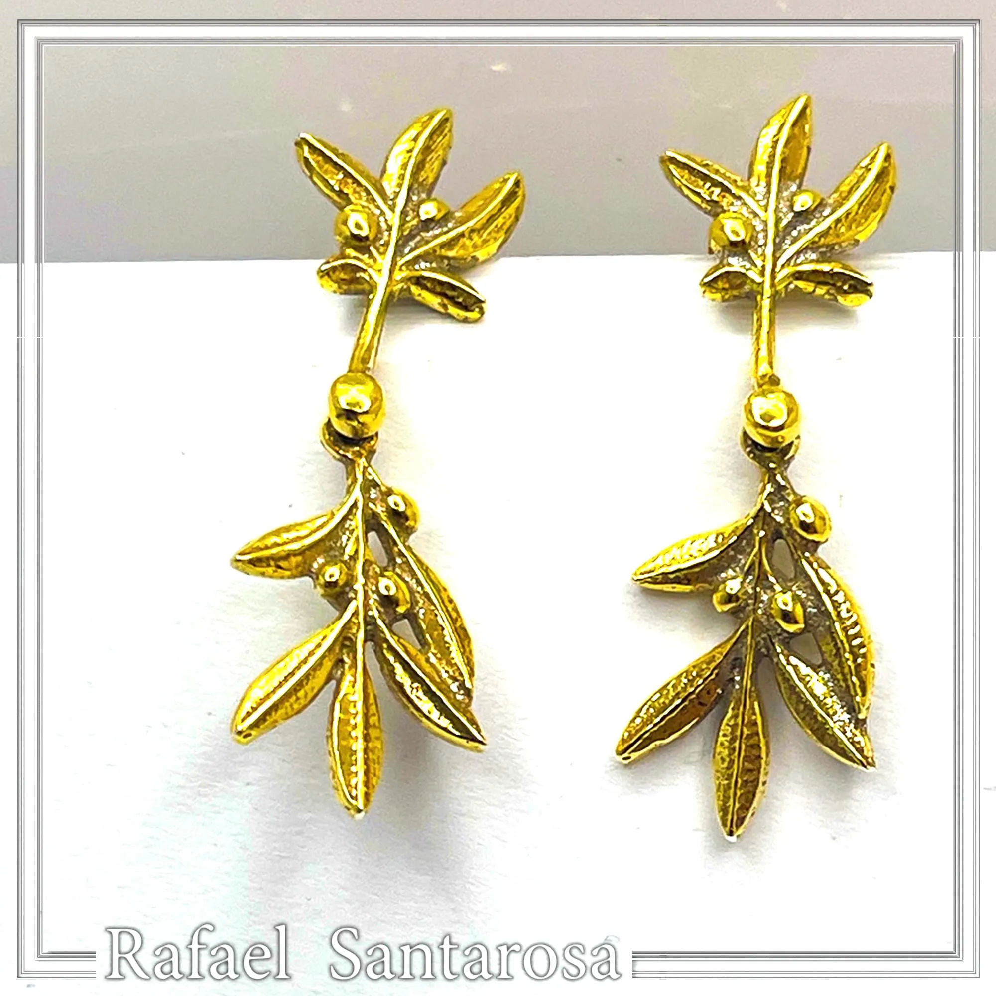 18K Solid Gold Olive Branch Dangle Earrings: Greek Nature Floral Jewelry Peace Symbol — additional product image 6 from Rafael Santarosa Fine Jewelry