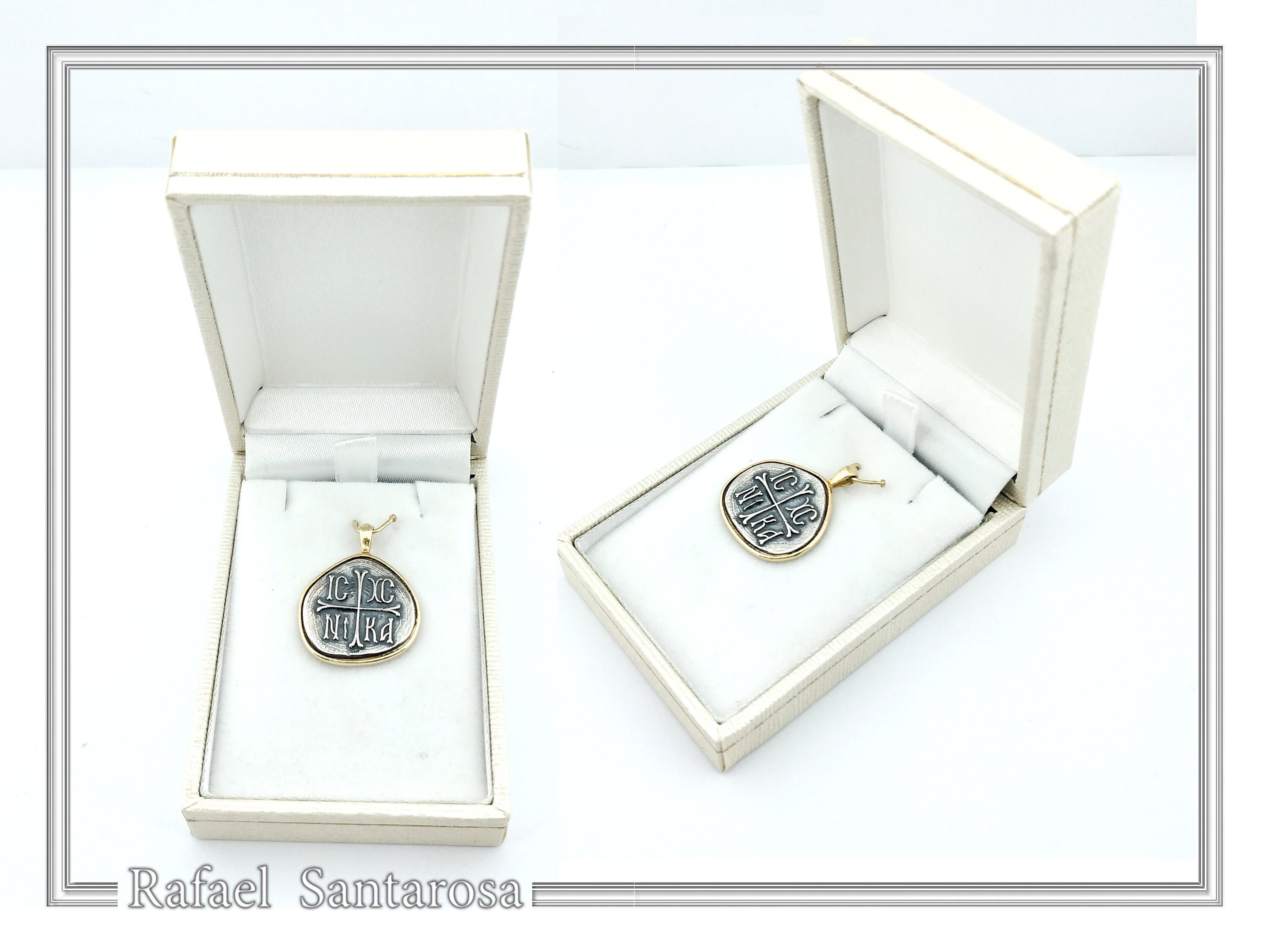 Protection Cross Pendant ICXC NIKA: Oxidized Silver Constantinato Coin on 18k Solid Gold Charm — additional product image 10 from Rafael Santarosa Fine Jewelry