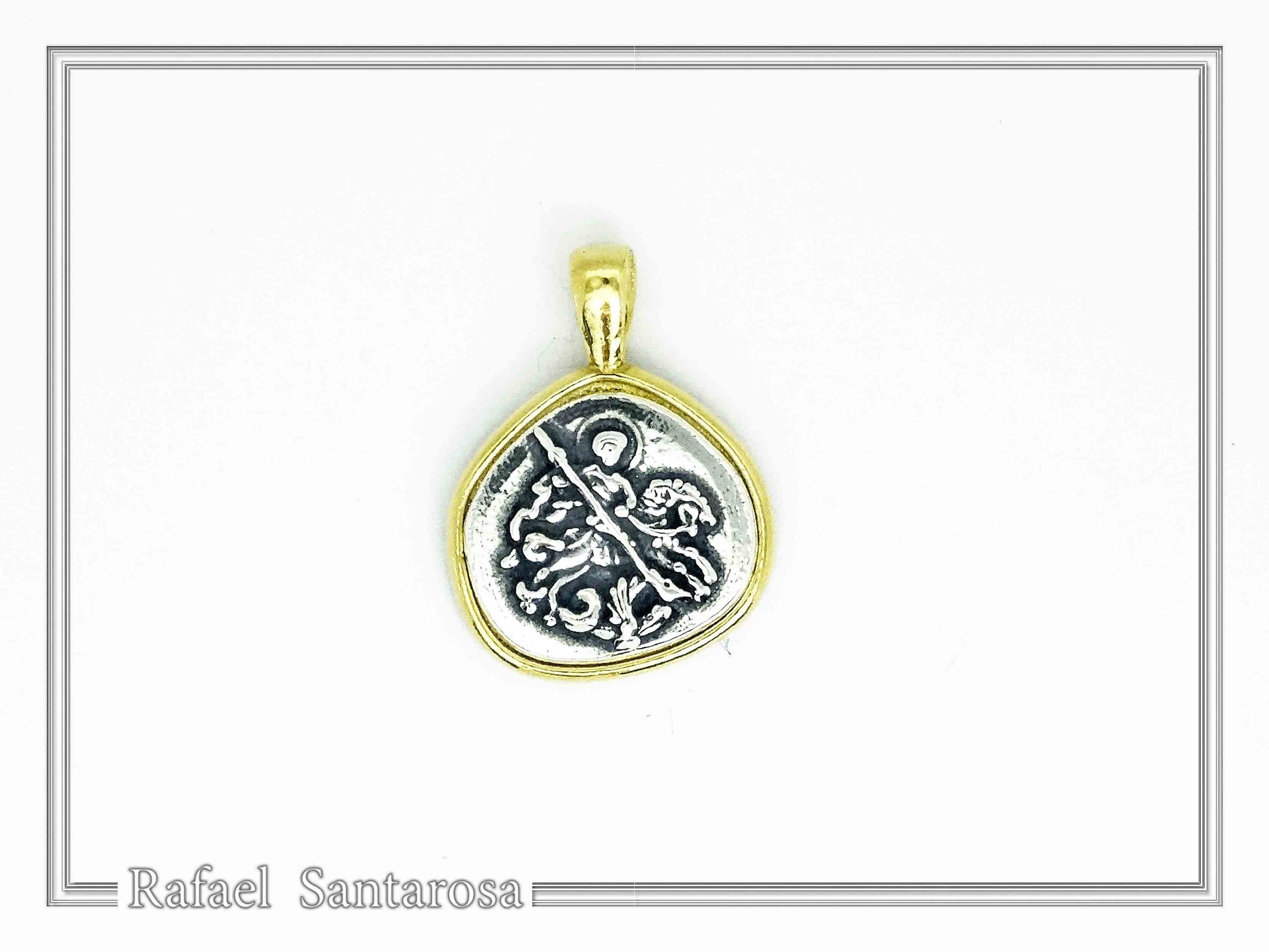 St George Killing Dragon Necklace Byzantine Talisman: Sterling Silver Oxidised & 18K Gold-Filled — additional product image 5 from Rafael Santarosa Fine Jewelry