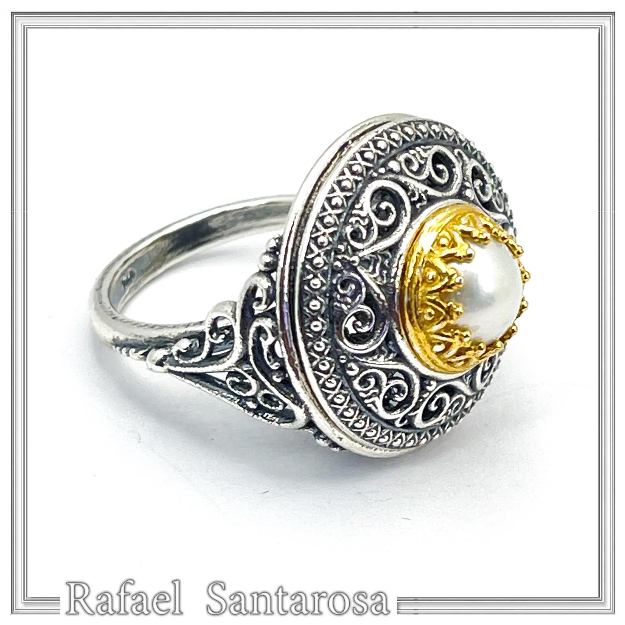 Oxidised sterling silver ring with 18k gold filled bezel and natural pearl center stone. — additional product image 4 from Rafael Santarosa Fine Jewelry