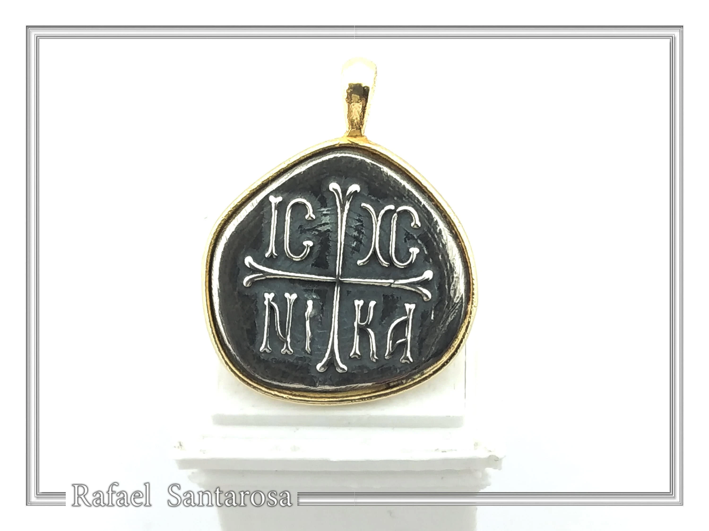 Protection Cross Pendant ICXC NIKA: Oxidized Silver Constantinato Coin on 18k Solid Gold Charm — additional product image 6 from Rafael Santarosa Fine Jewelry