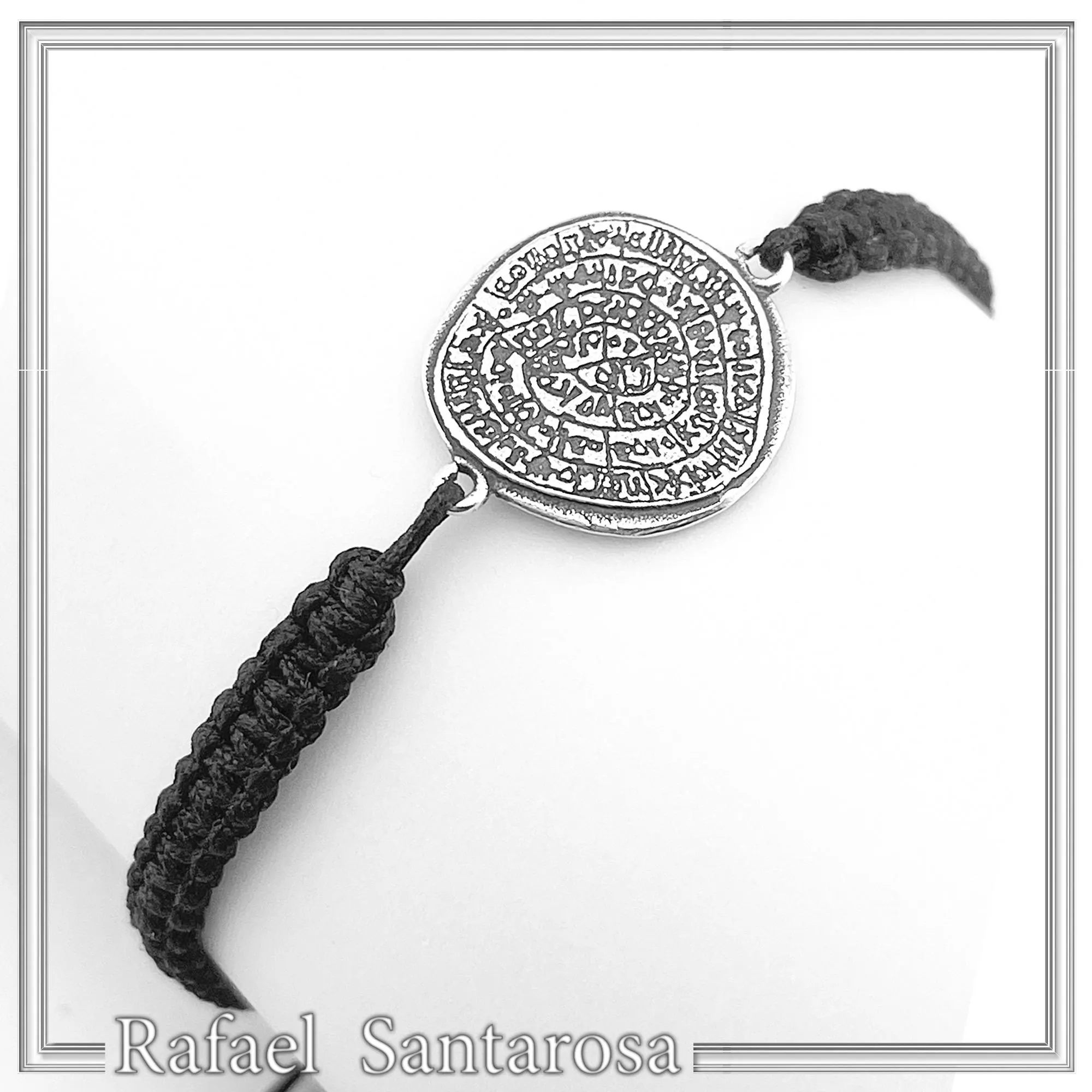 Oxidized Sterling Silver Phaistos Disc Charm Bracelet: Ancient Greek Calendar Museum Replica Macrame Bracelet