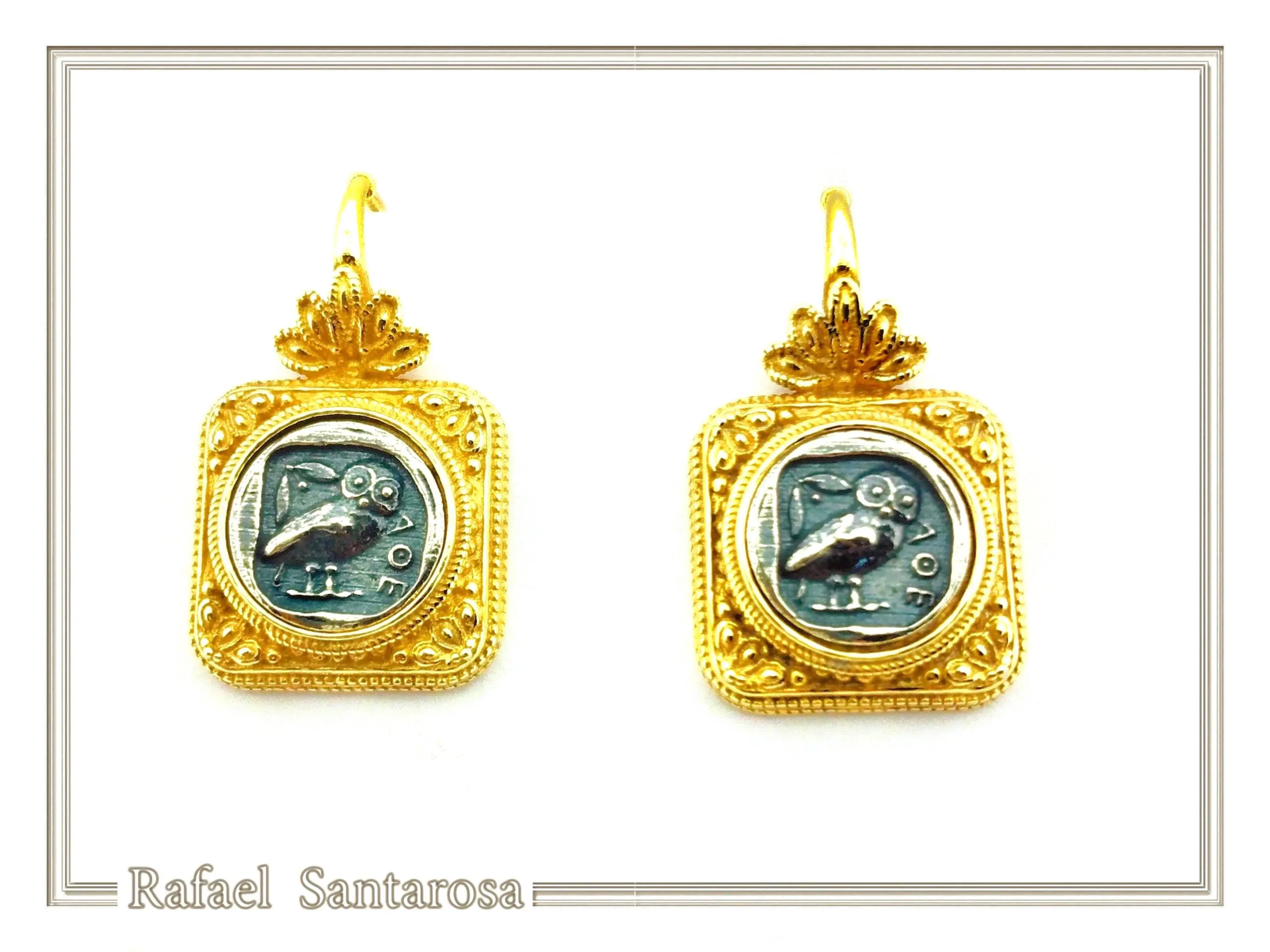 Athena Owl Coin Greek Museum Earrings: 18K Gold Filled Filigree and Oxidised Sterling Silver — additional product image 3 from Rafael Santarosa Fine Jewelry