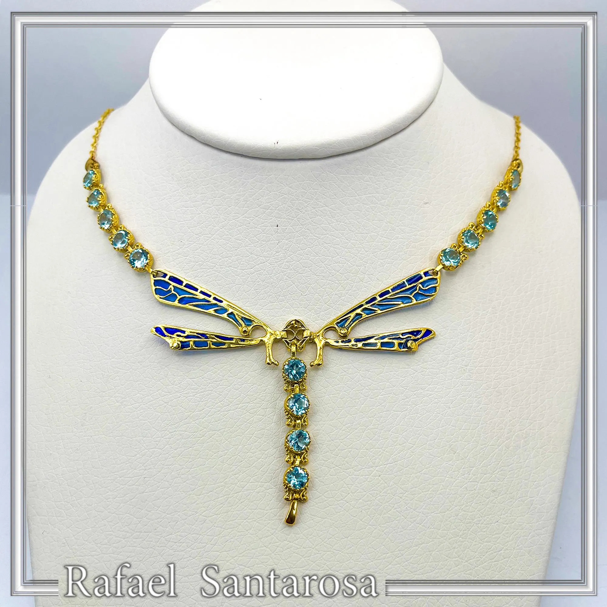 Art Nouveau Dragonfly Necklace Sterling Silver Gold Filled Blue Enamel Sky Blue Topaz — additional product image 5 from Rafael Santarosa Fine Jewelry