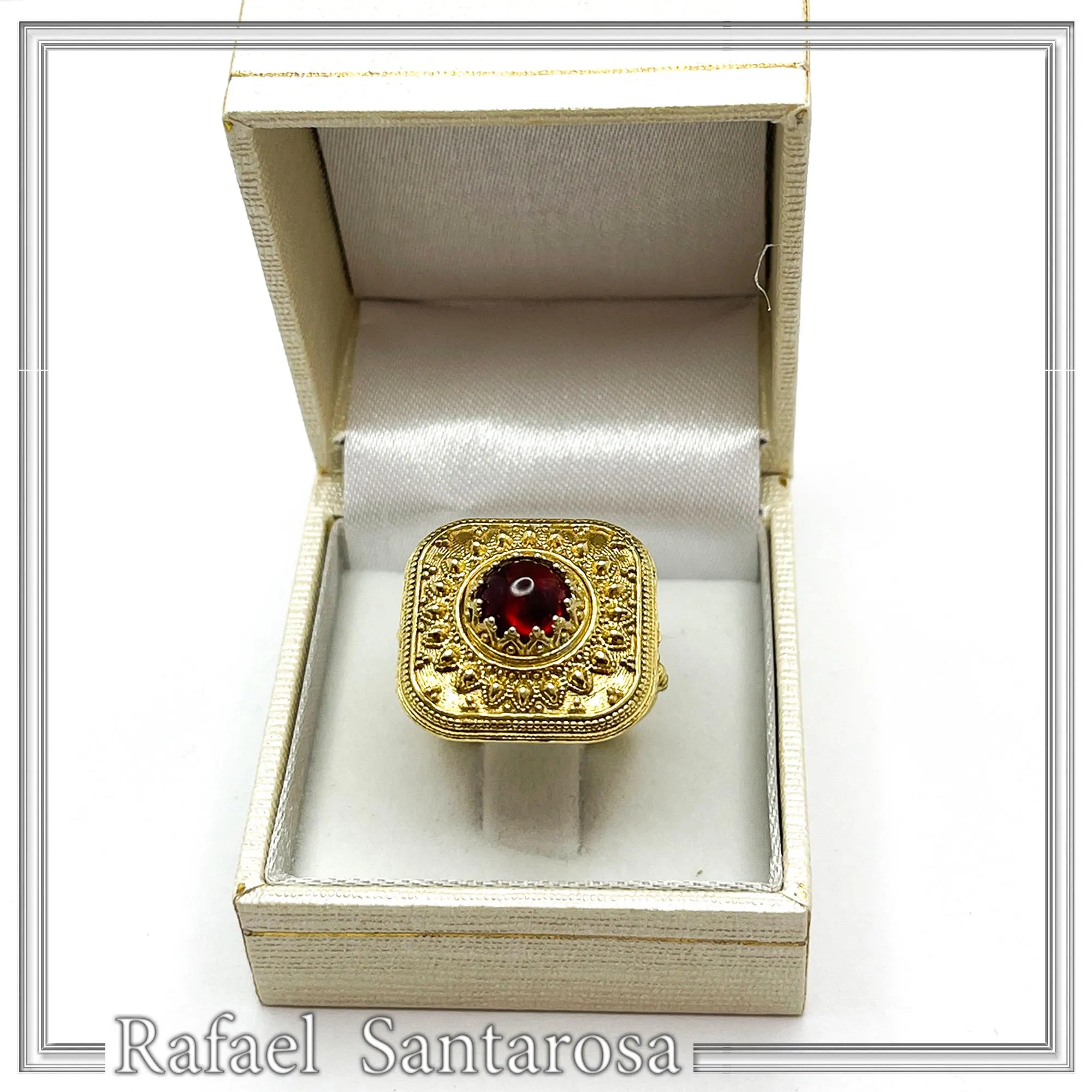 Byzantine Natural Garnet Statement Ring: 18K Gold Filled Granulation Filigree Sterling Silver — additional product image 9 from Rafael Santarosa Fine Jewelry