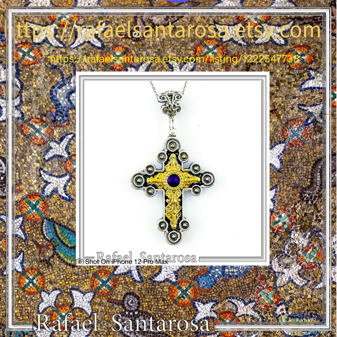 Natural Lapis Lazuli Byzantine Religious Cross: Oxidized Sterling Silver and 18K Gold Filled — additional product image 10 from Rafael Santarosa Fine Jewelry