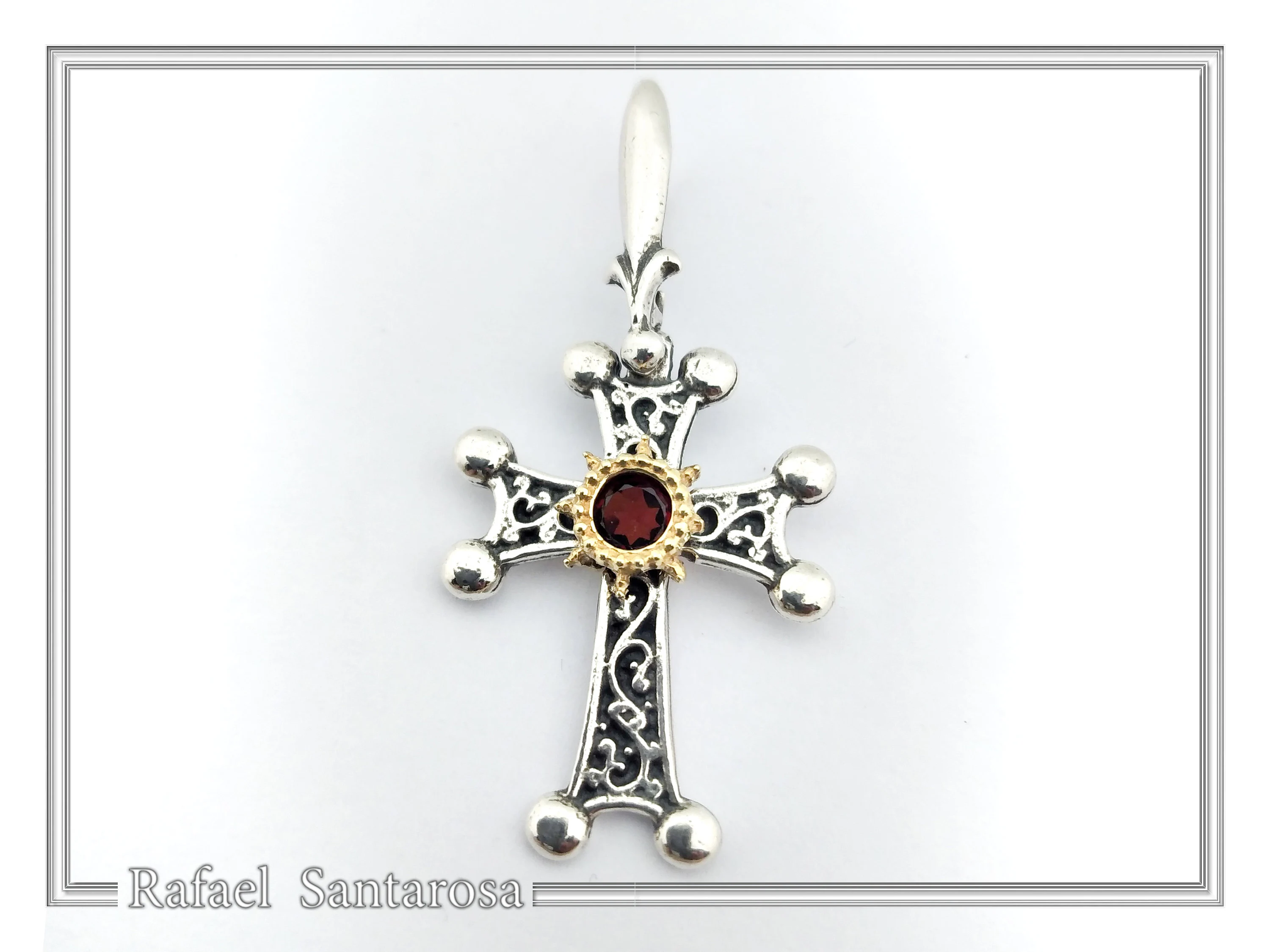 Byzantine Silver Hand engraved Cross with Genuine Amethyst: Oxidized silver, 18K gold Filled Bezel — additional product image 6 from Rafael Santarosa Fine Jewelry
