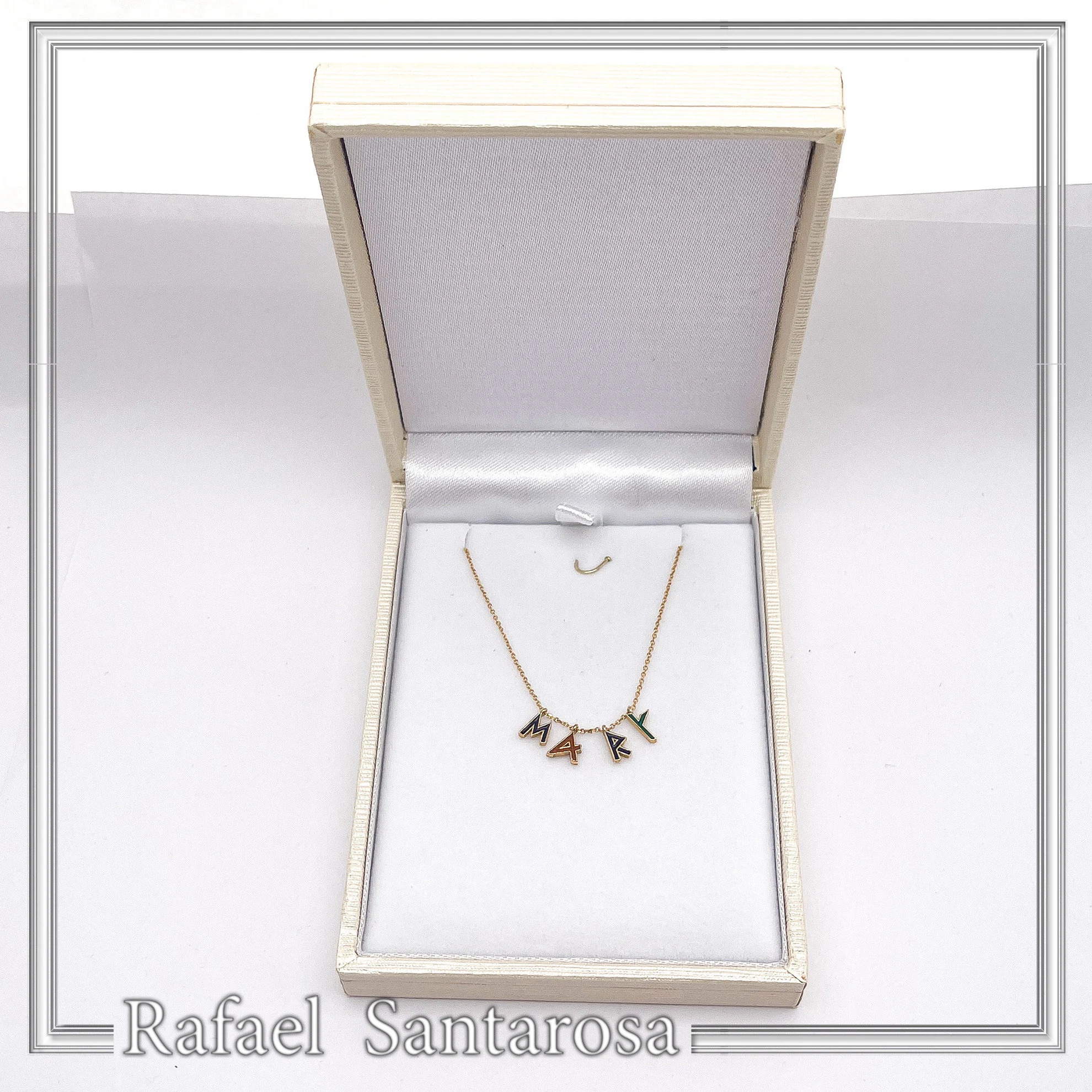 Personalized "Mary" Name Silver Gold filled Beaded Necklace: Enamel Letter Charm, Ancient Greek Font — additional product image 9 from Rafael Santarosa Fine Jewelry
